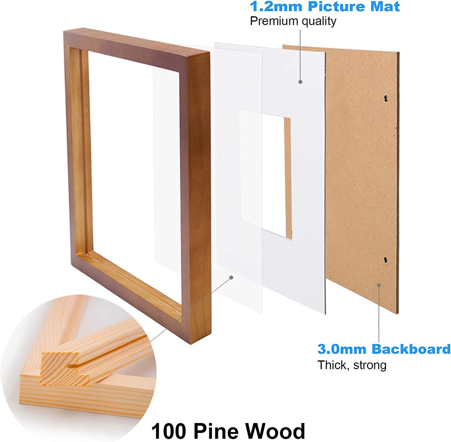 Egofine 11X11 Picture Frames 4 Pack Covered by Plexiglass, Display Pictures 8X8 with Mat or 11X11 without Mat Made of Solid Wood for Table Top Display and Wall Mounting Photo Frame, Light Brown