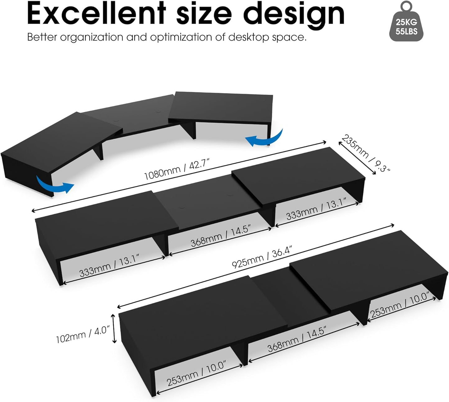 FITUEYES Dual Monitor Stand - Adjustable 3-Shelf Wood Riser for Optimal Desk Organization, Stylish Black Design