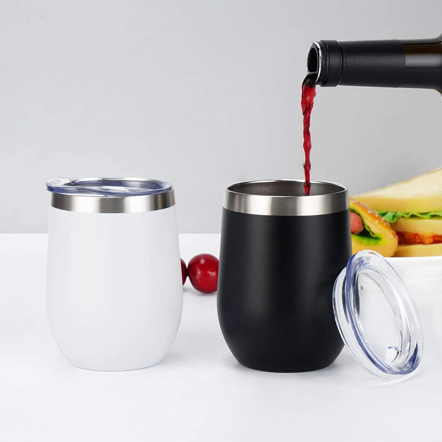 Set of 8 Insulated 12Oz Stainless Steel Wine Tumblers - Double Wall Stemless Cups with Lids for Wine, Coffee, Cocktails & Champagne - Sleek Black Design