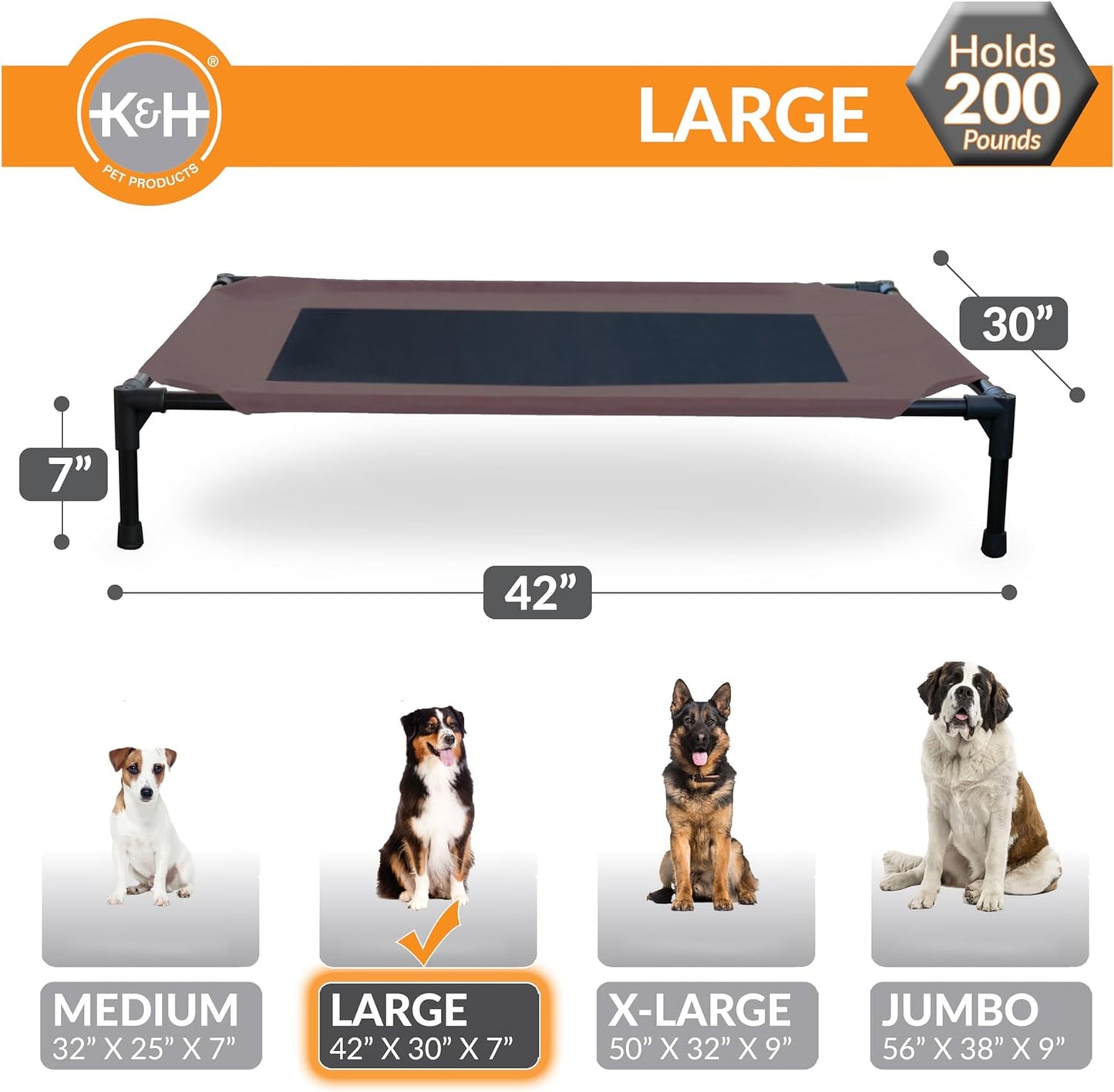 K&H Pet Products Outdoor Elevated Dog Cot, Breathable Cooling Elevated Cot Hammock Pet Bed for Large Dogs, Washable Mesh Cover, Raised Metal Frame, Collapsible, Portable - Large 42 X 30In Chocolate