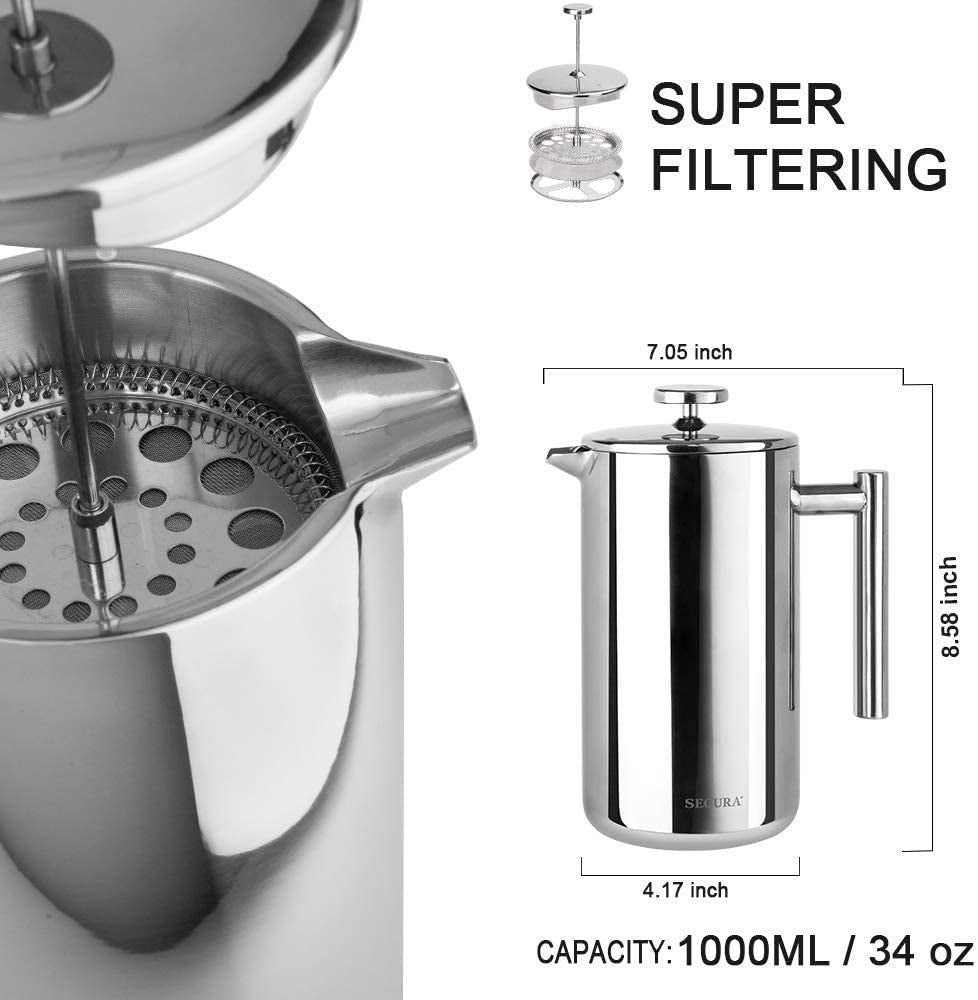 Secura 34Oz French Press Coffee Maker - Premium 304 Stainless Steel Insulated Coffee Press with 2 Extra Screens - Sleek Silver Design