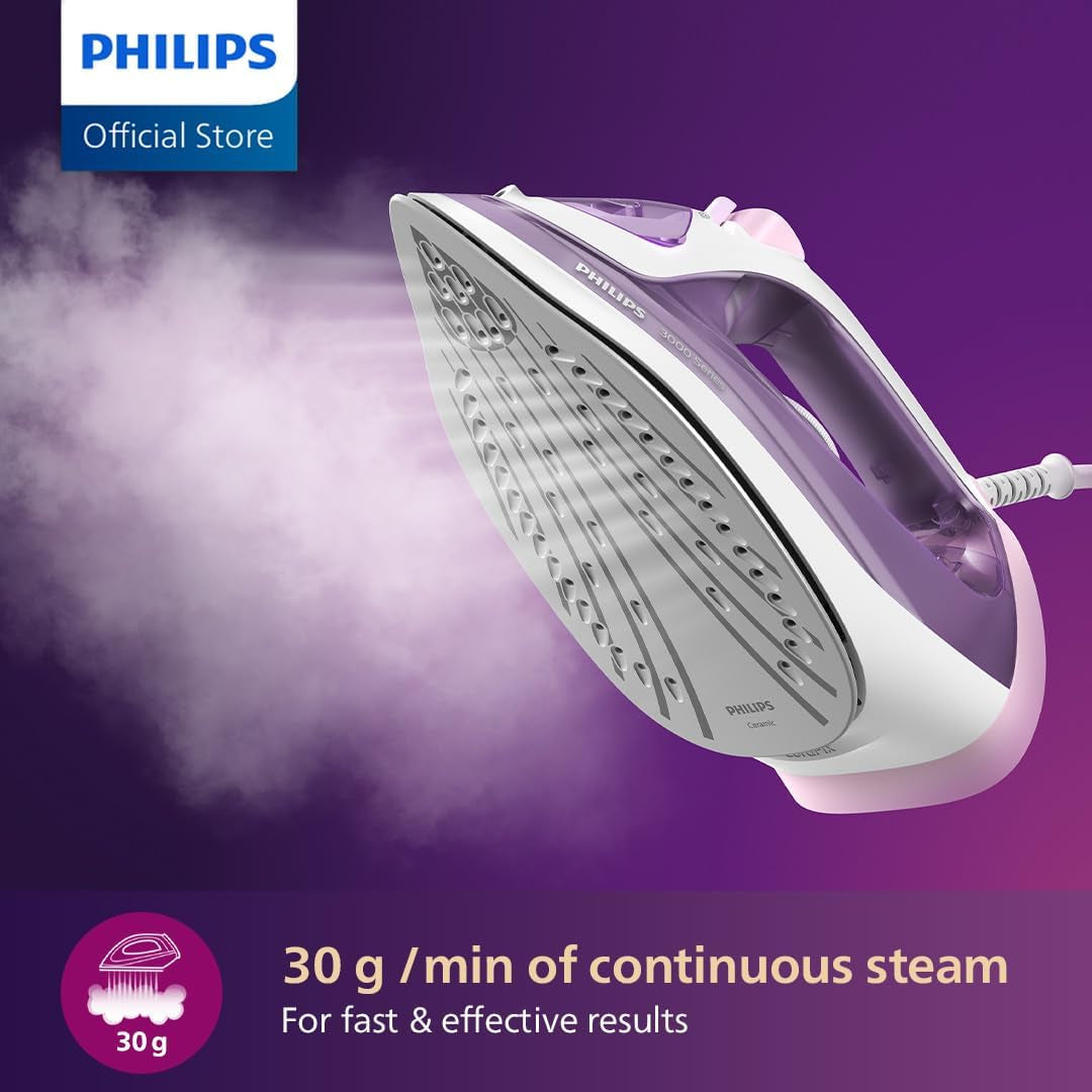 Perfect Care 3000 Series Steam Iron, 2000 W Power, 30 G/Min Continuous Steam, 140 G Steam Boost, 300 Ml Water Tank, Ceramic Soleplate, Purple (DST3010/39)