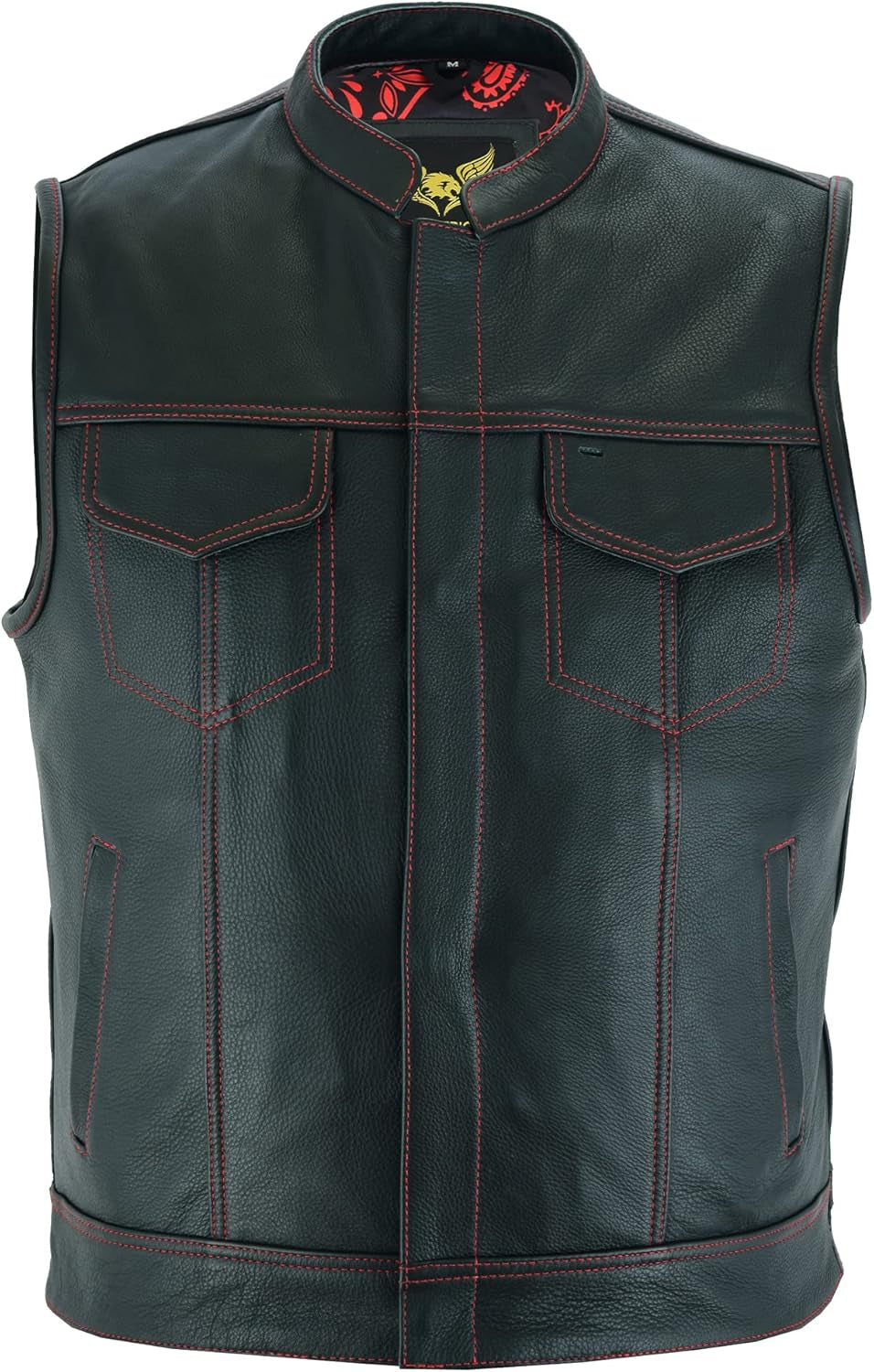 Leatherick Mens Black Motorcycle Vests - SOA Club & Traditional Paisley Satin Liner Leather Biker Vests