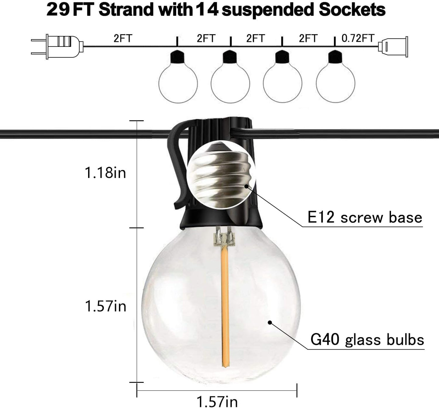 Banord 29FT Shatterproof Globe Outdoor String Lights - 15 Dimmable Waterproof Bulbs for Patio, Porch & Cafe Decor