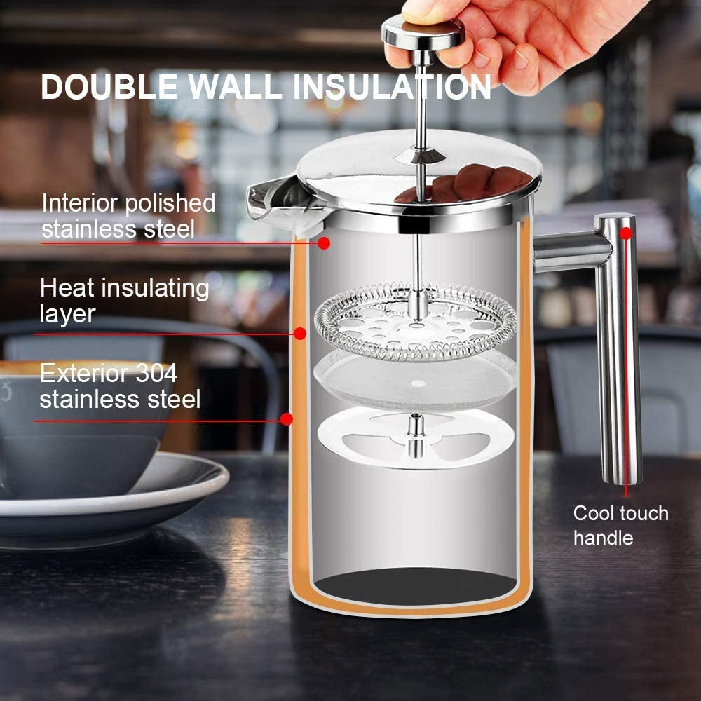 Secura 34Oz French Press Coffee Maker - Premium 304 Stainless Steel Insulated Coffee Press with 2 Extra Screens - Sleek Silver Design