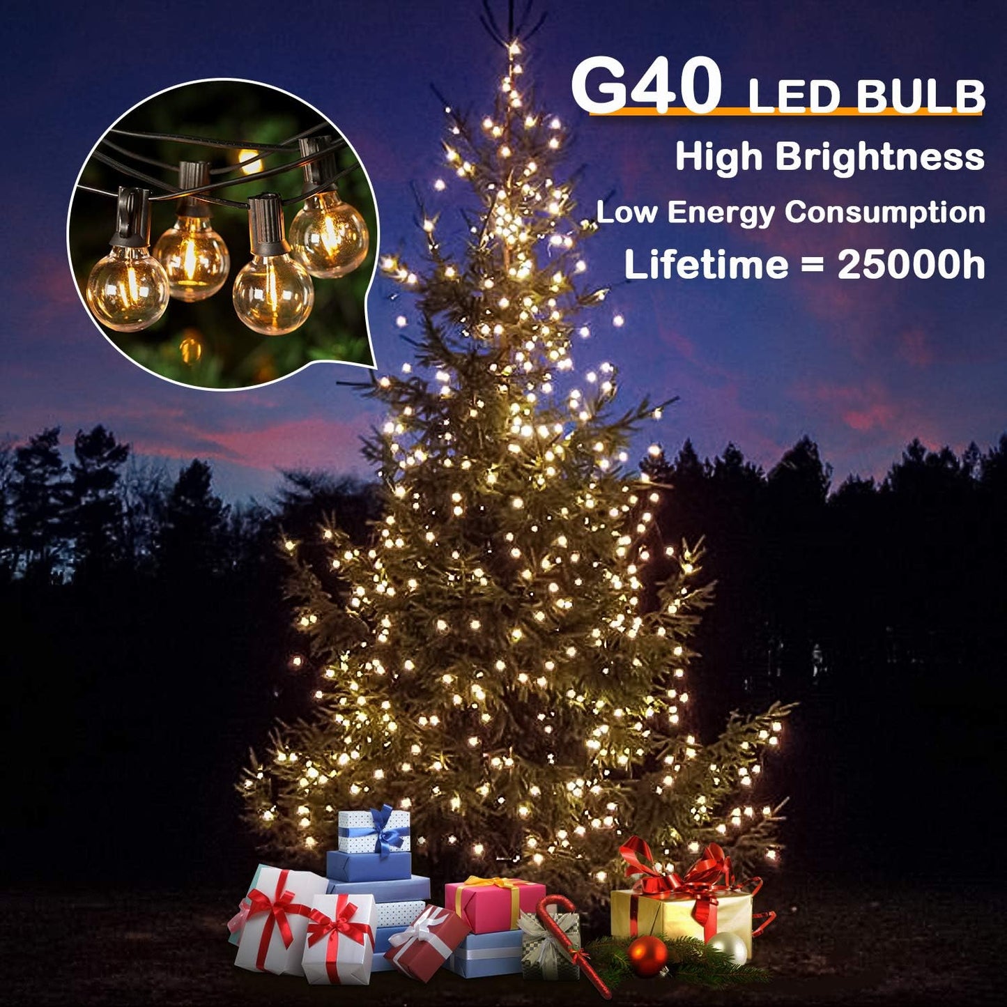 50FT Shatterproof LED G40 Globe String Lights - 50 Dimmable Edison Bulbs for Outdoor Patio, Balcony, Party, Wedding & Cafe - Waterproof Bistro Lighting
