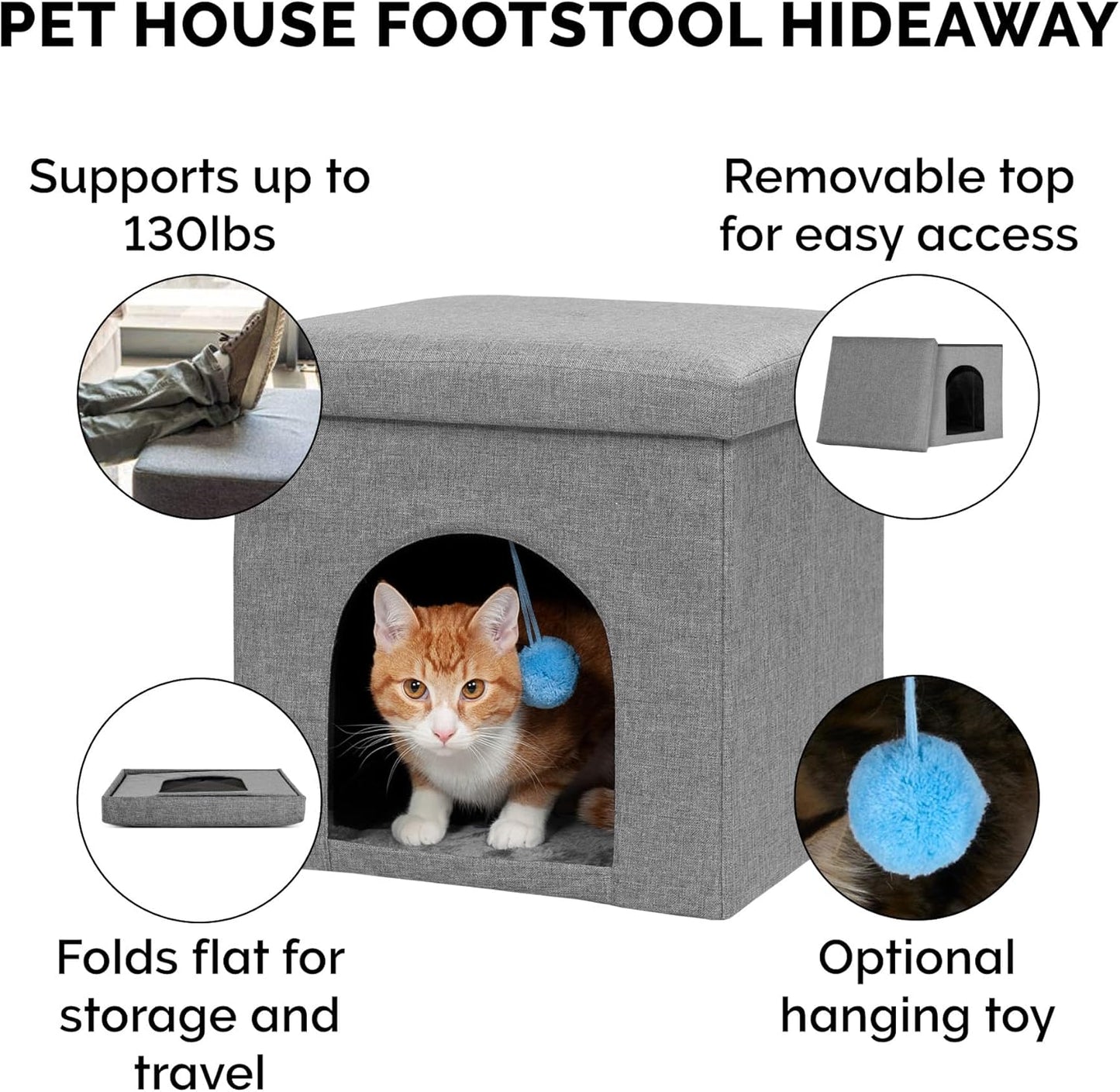 Furhaven Pet House for Indoor Cats & Small Dogs, Collapsible & Foldable W/ Plush Ball Toy - Living Room Footstool Cat Condo - Stormy Gray, Small