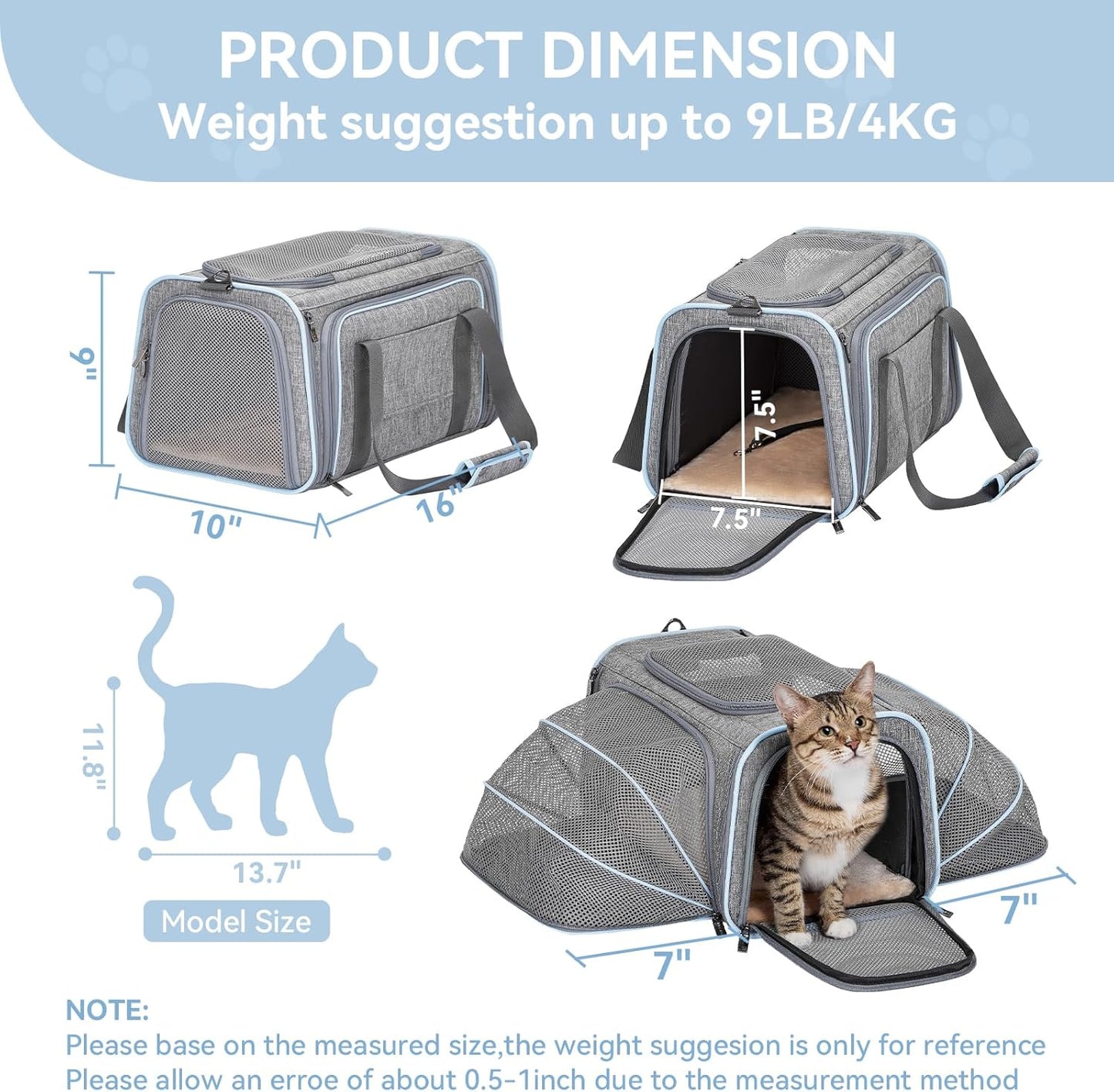 Petsfit Expandable Small Cat Carriers Dog Carrier, Airline Approved Soft-Sided Portable Washable Pet Travel Carrier with Two Extension up to 9LB