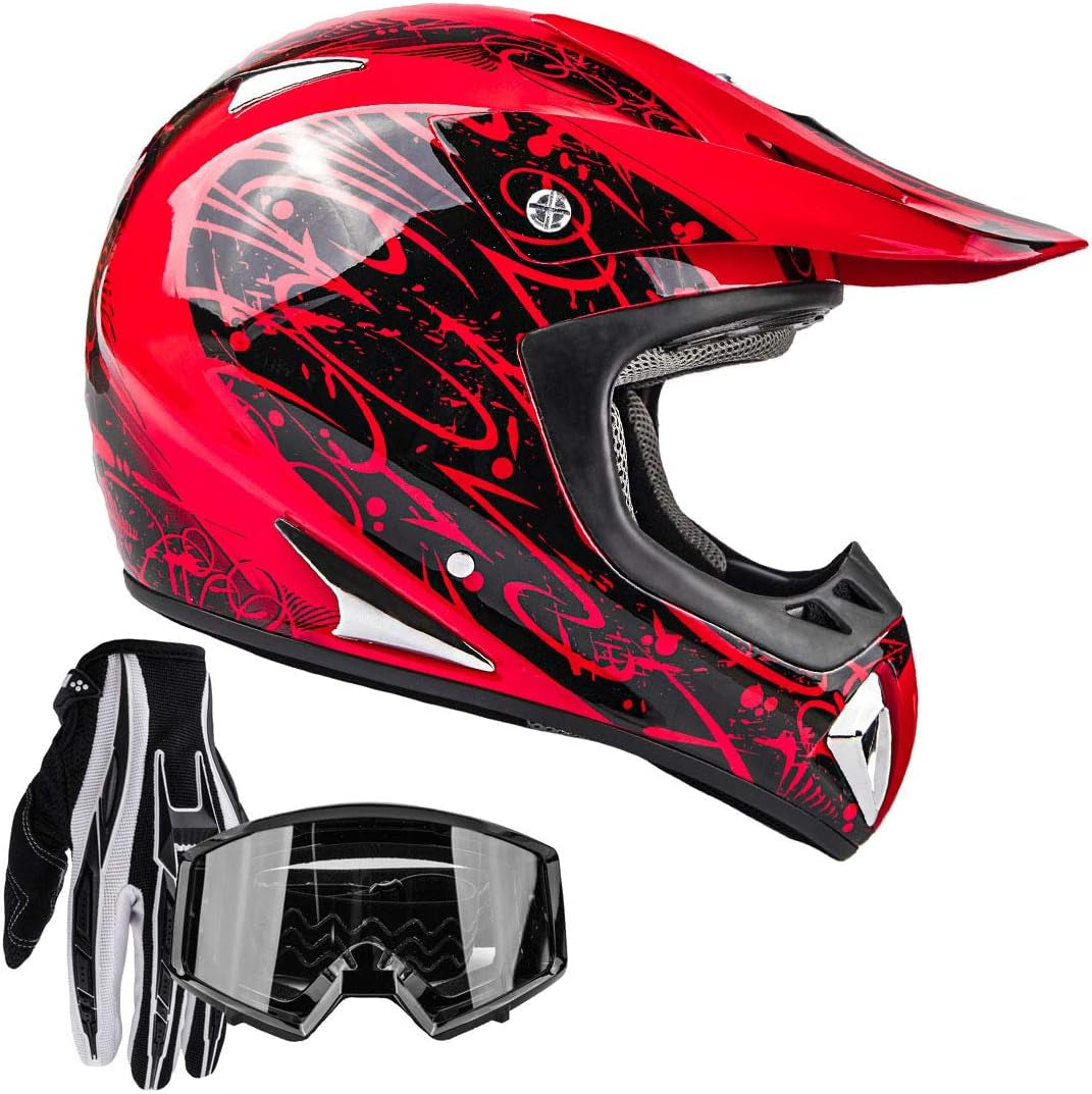 Typhoon Helmets Typhoon ATV Motorcycle Helmet with Goggles & Gloves - DOT Certified Off-Road Racing Protection Gear Set for Adults/Teens - Durable MX Combo Pack