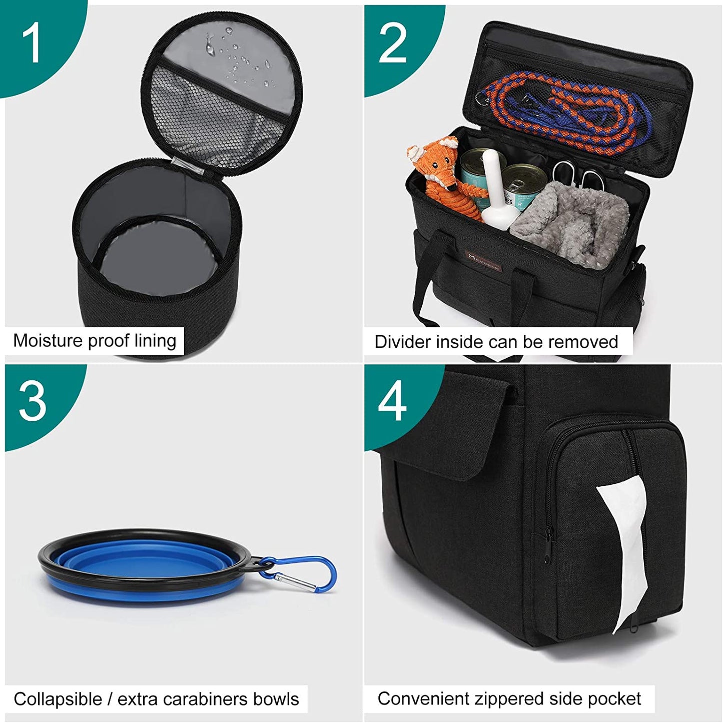 Dog Travel Bag by Modoker - Dog Travel Kit for a Weekend Away Set Includes Pet Travel Bag Organizer for Accessories, 2 Collapsible Bowls, 2 Travel Food Container (Black)