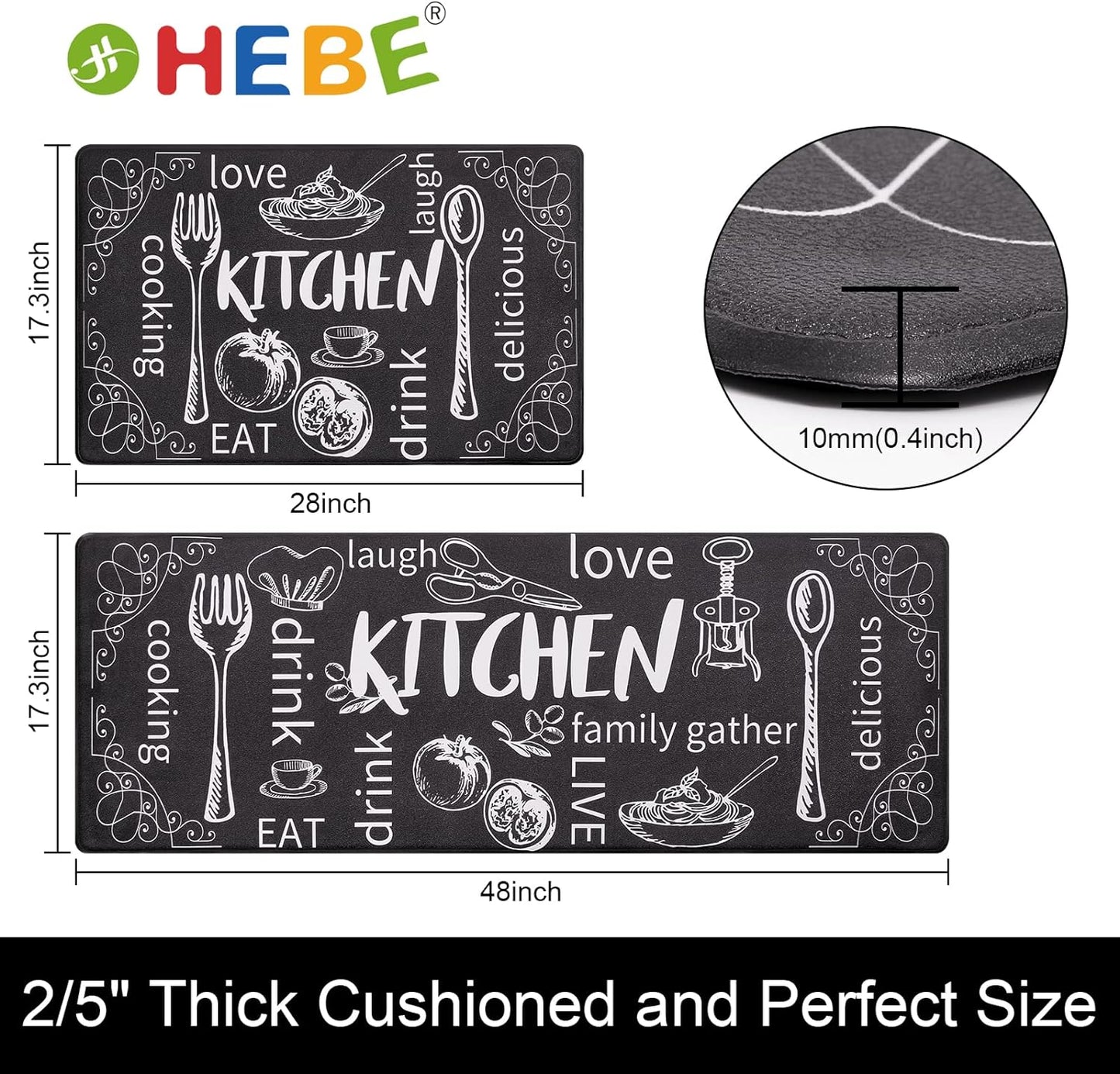 HEBE Kitchen Mats for Floor Set of 2 Thick anti Fatigue Mat for Cushioned, Waterproof Non-Slip Rugs Comfort Standing Chef Mat for Kitchen Sink, Laundry Room, Farmhouse Home Decor