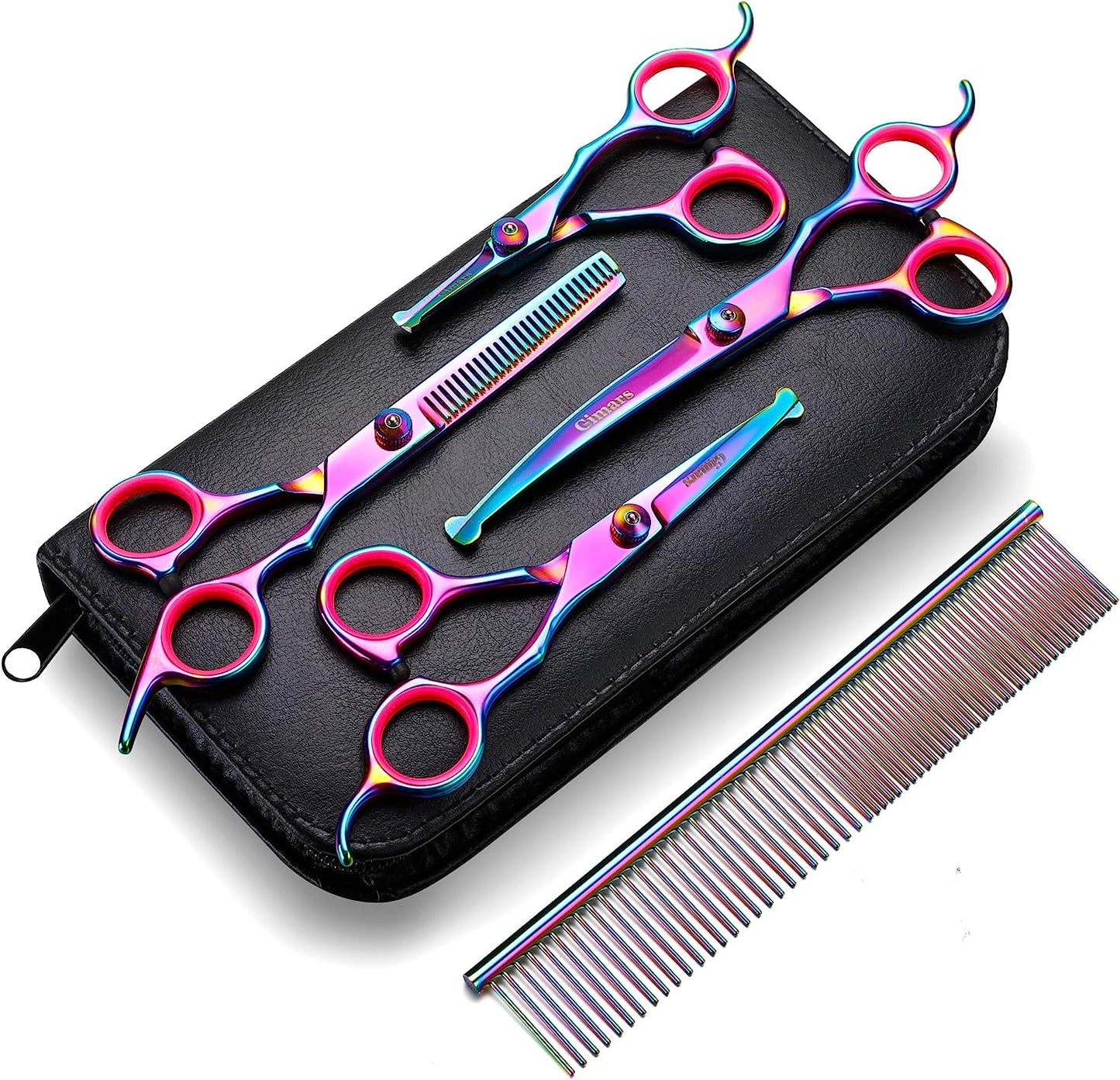 Gimars Professional 4CR Stainless Steel 6 in 1 Grooming Scissors for Dogs with Safety round Tip, Heavy Duty Titanium Coated Pet Grooming Scissor for Dogs, Cats and Other Animals