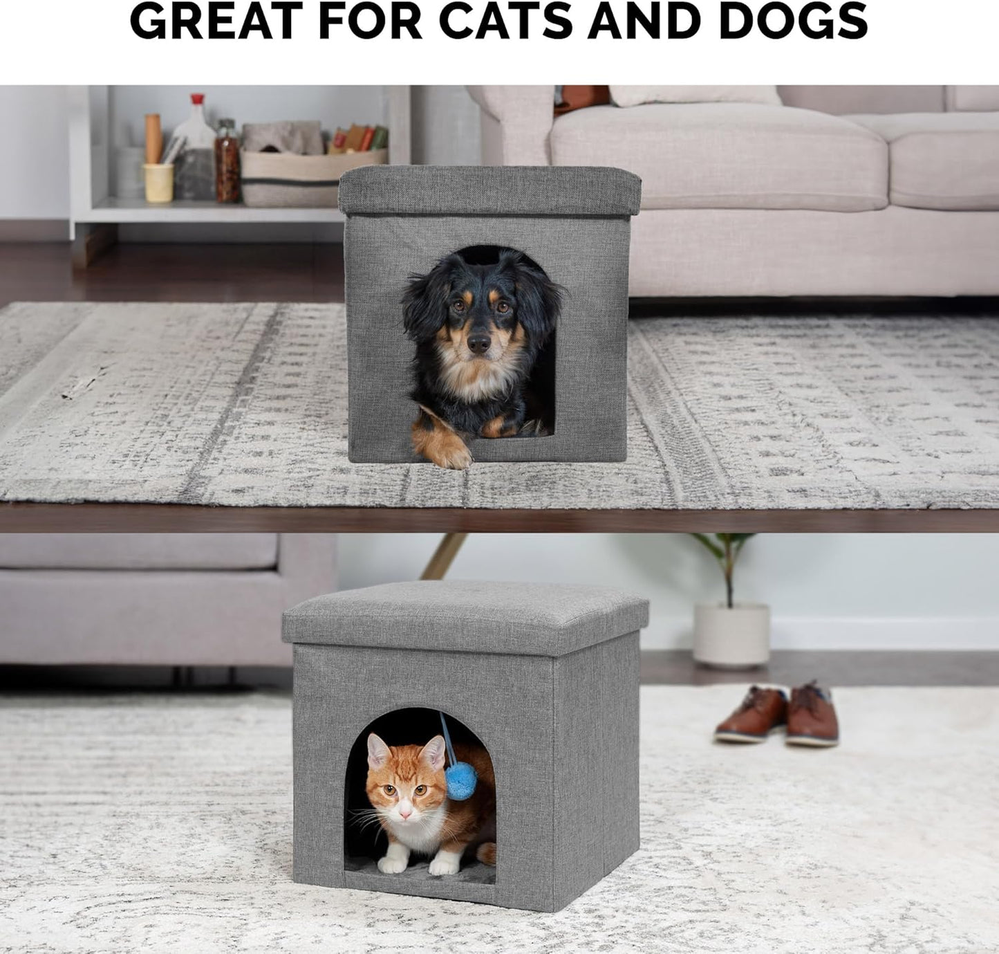Furhaven Pet House for Indoor Cats & Small Dogs, Collapsible & Foldable W/ Plush Ball Toy - Living Room Footstool Cat Condo - Stormy Gray, Small