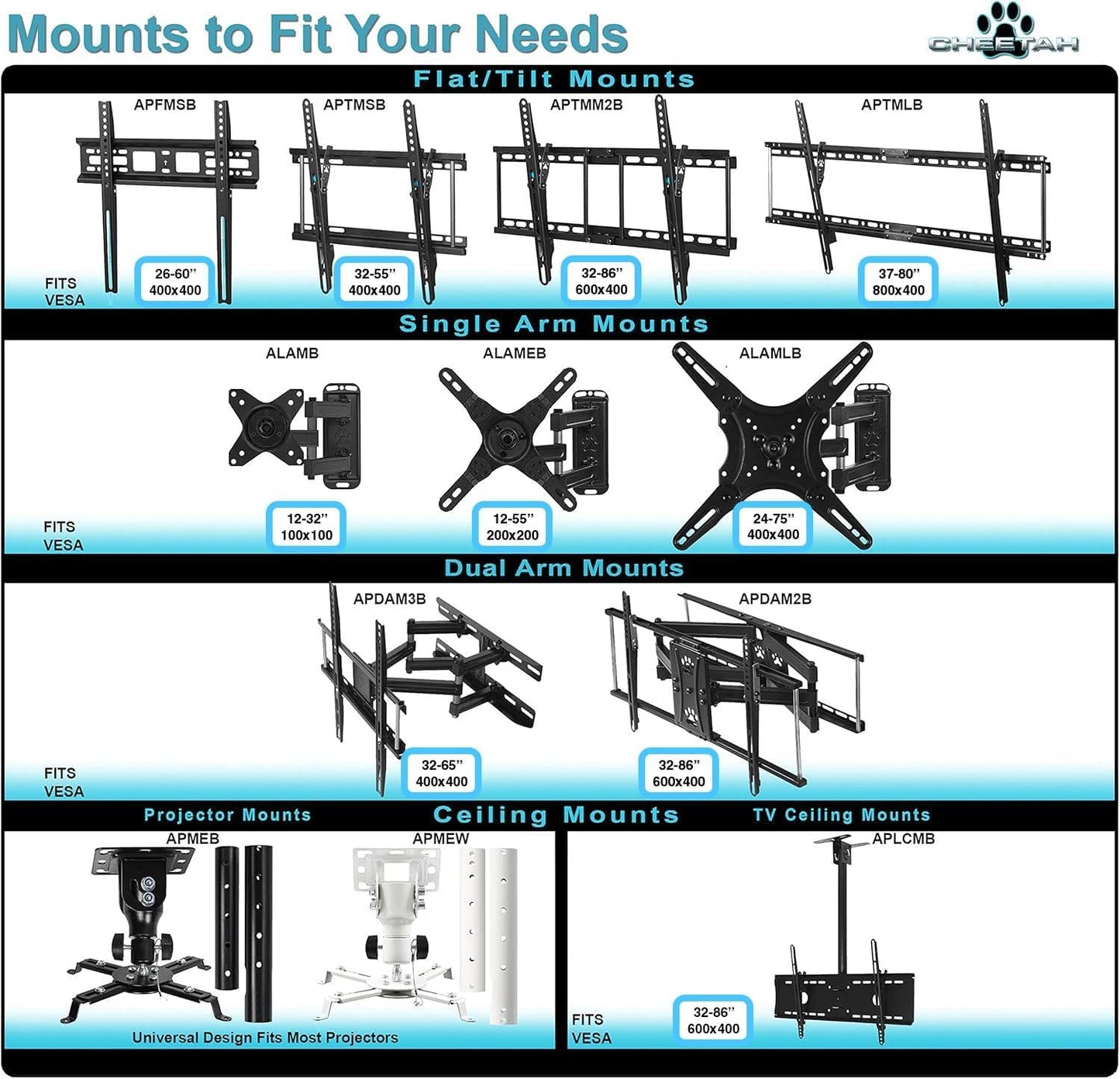 Cheetah Ultra Slim Tilt TV Mount for 32-86 Inch TVs, Supports 165Lbs, Includes 10Ft HDMI Cable, Fits 16-24" Studs, Adjustable 15° Tilt, Max VESA 600x400mm
