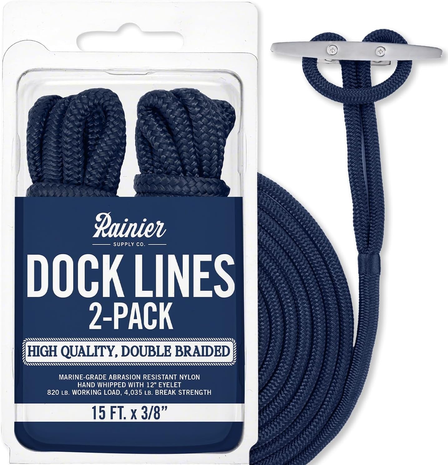 Rainiersupplyco Dock Lines - Boat Rope for Docking with Loop - 30 Ft X 3/4 Inch Premium Double Braided Nylon Marine Rope - Mooring Line with 18" Eyelet - Boat Accessories - Navy Blue