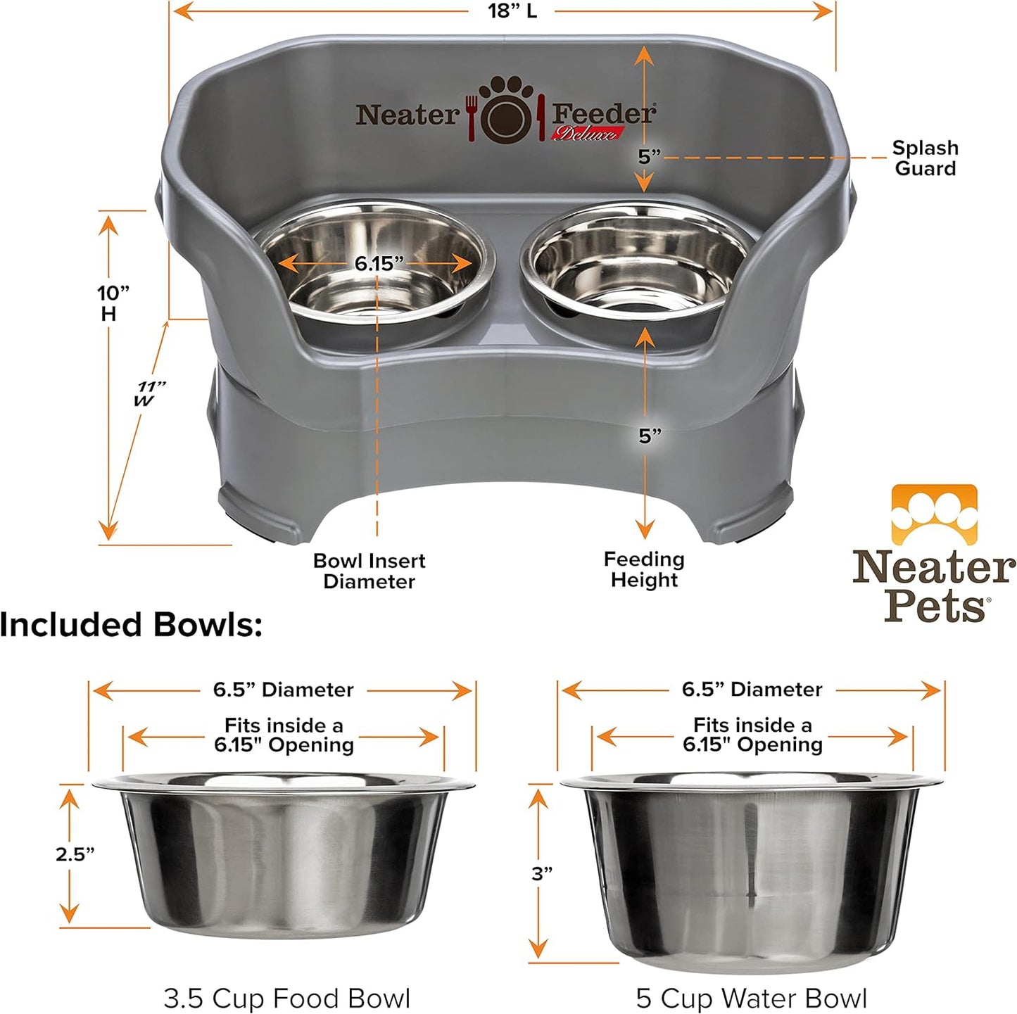 Neater Pet Brands Neater Feeder Deluxe Mess Proof Dog Bowls Elevated for Medium Dogs 19-40 Lbs, Made in USA, No Spill Raised Dog Food Bowl Stand Feeding Station, Food and Water Bowl Set, Grey