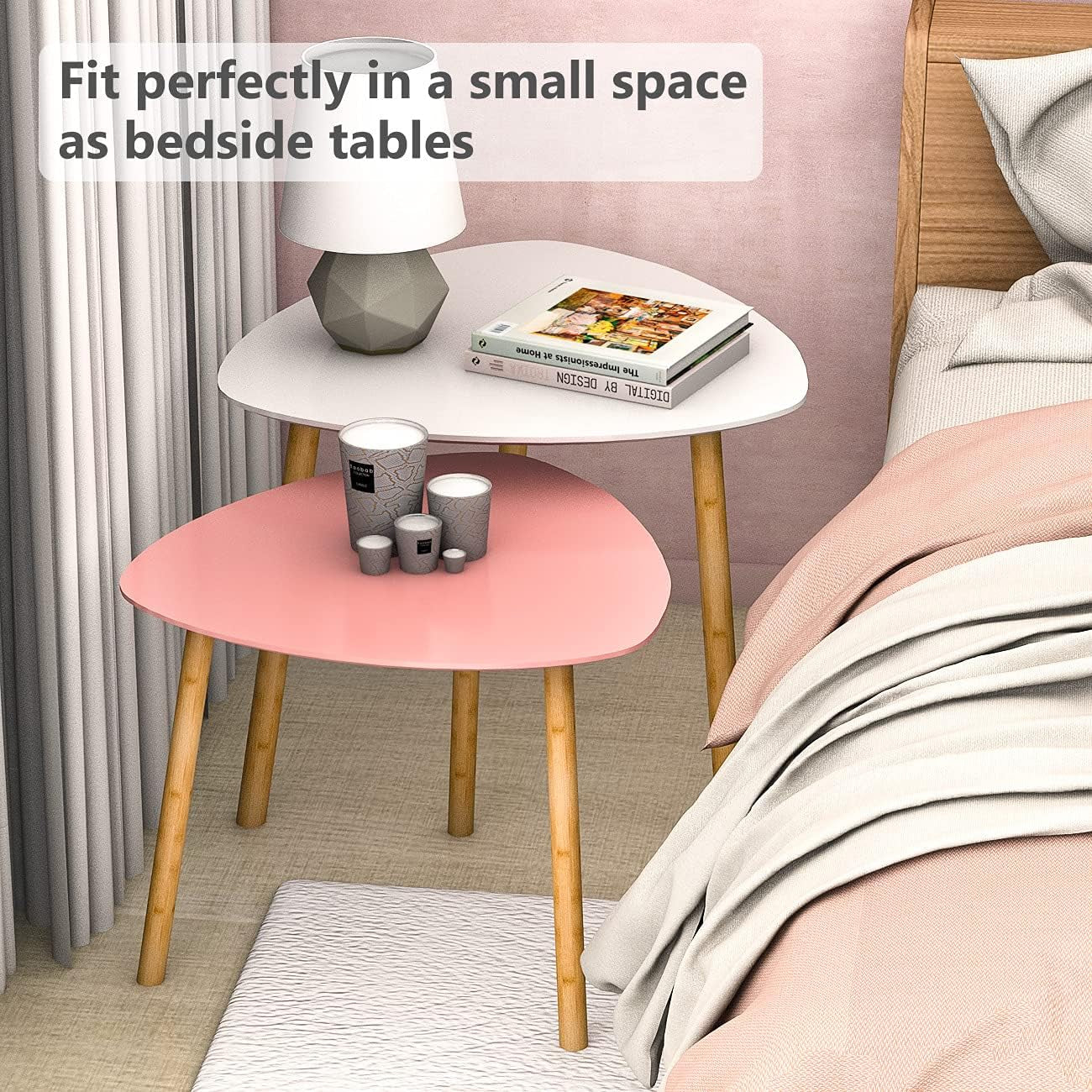 Bambloom Bamboo Nesting Coffee Tables - Small Coffee Table for Living Room, Set of 2 Triangle End Table Modern Side Table for Bedroom Apartment Balcony Yard Small Spaces, (White & Pink)