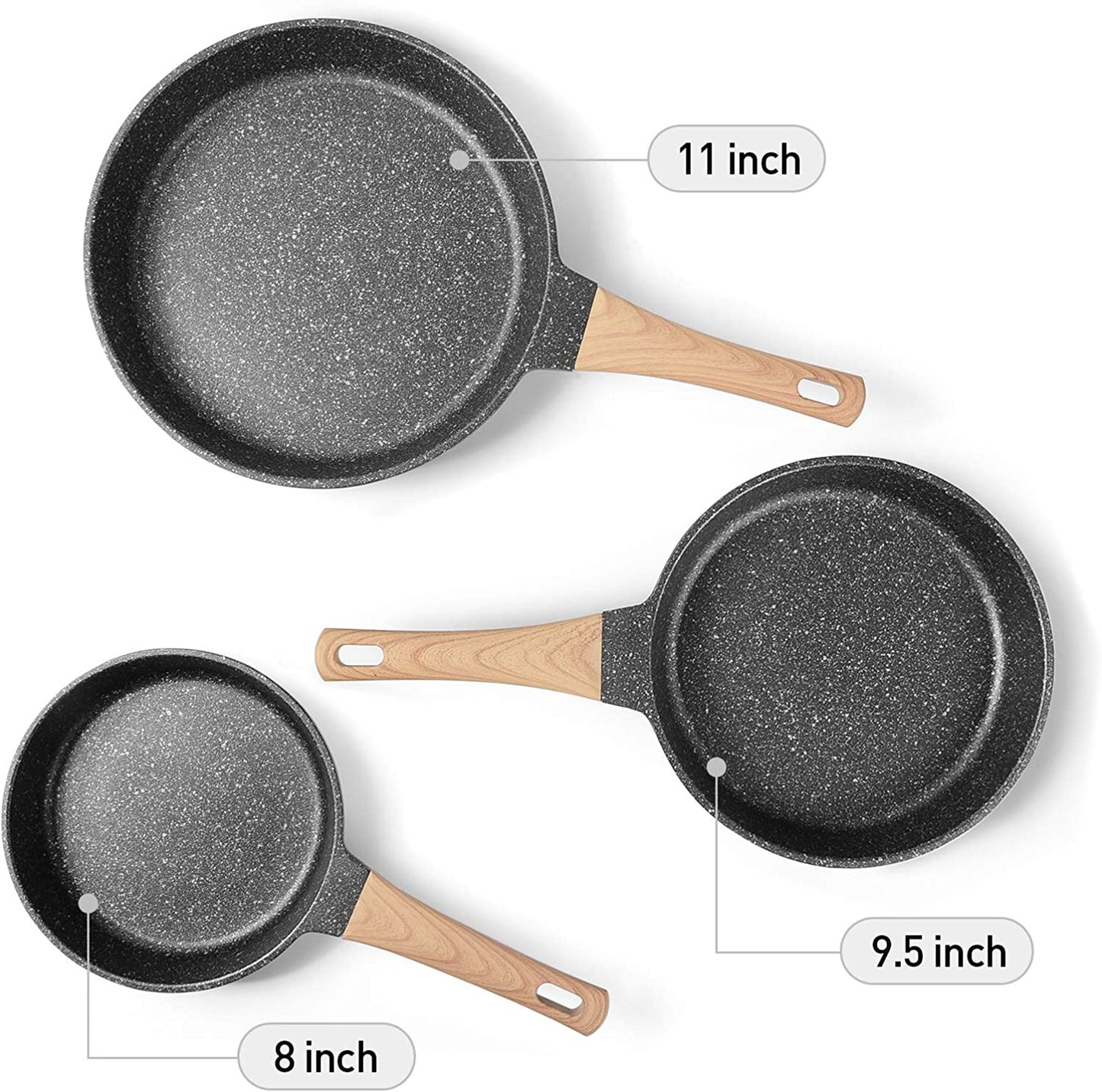 Nonstick Induction Frying Pan Set - Granite Skillet Cookware with Heat-Resistant Handle - Perfect Christmas Gift for Women (8", 9.5", & 11")