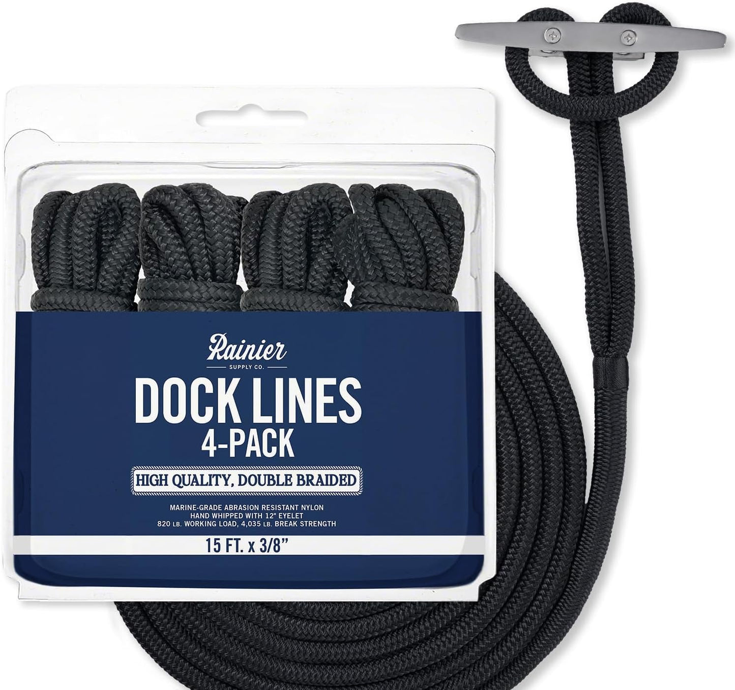 Rainiersupplyco Dock Lines - Boat Rope for Docking with Loop - 30 Ft X 3/4 Inch Premium Double Braided Nylon Marine Rope - Mooring Line with 18" Eyelet - Boat Accessories - Navy Blue