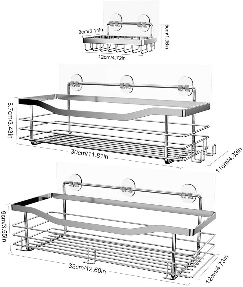 Orimade 3-Pack Wall-Mounted Shower Caddy with 5 Hooks - Rustproof SUS304 Stainless Steel Bathroom & Kitchen Organizer, No Drilling Needed!