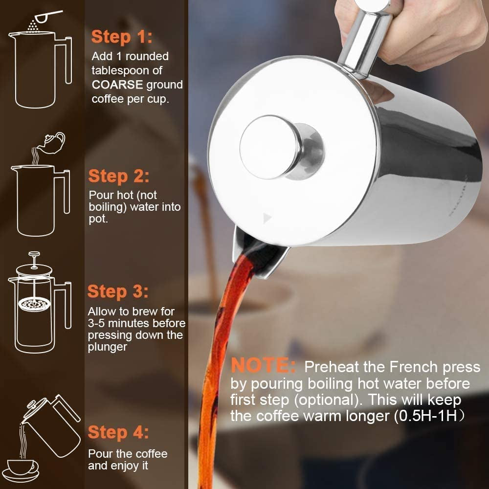 Secura 34Oz French Press Coffee Maker - Premium 304 Stainless Steel Insulated Coffee Press with 2 Extra Screens - Sleek Silver Design