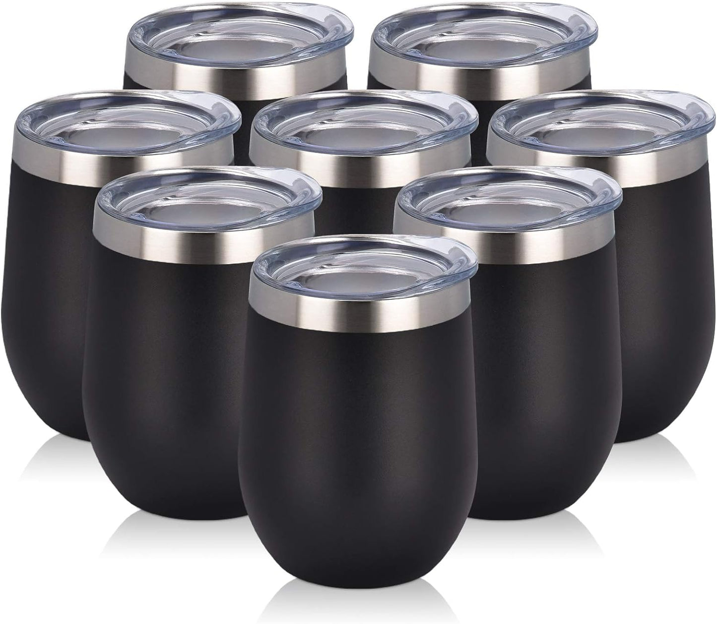 Set of 8 Insulated 12Oz Stainless Steel Wine Tumblers - Double Wall Stemless Cups with Lids for Wine, Coffee, Cocktails & Champagne - Sleek Black Design