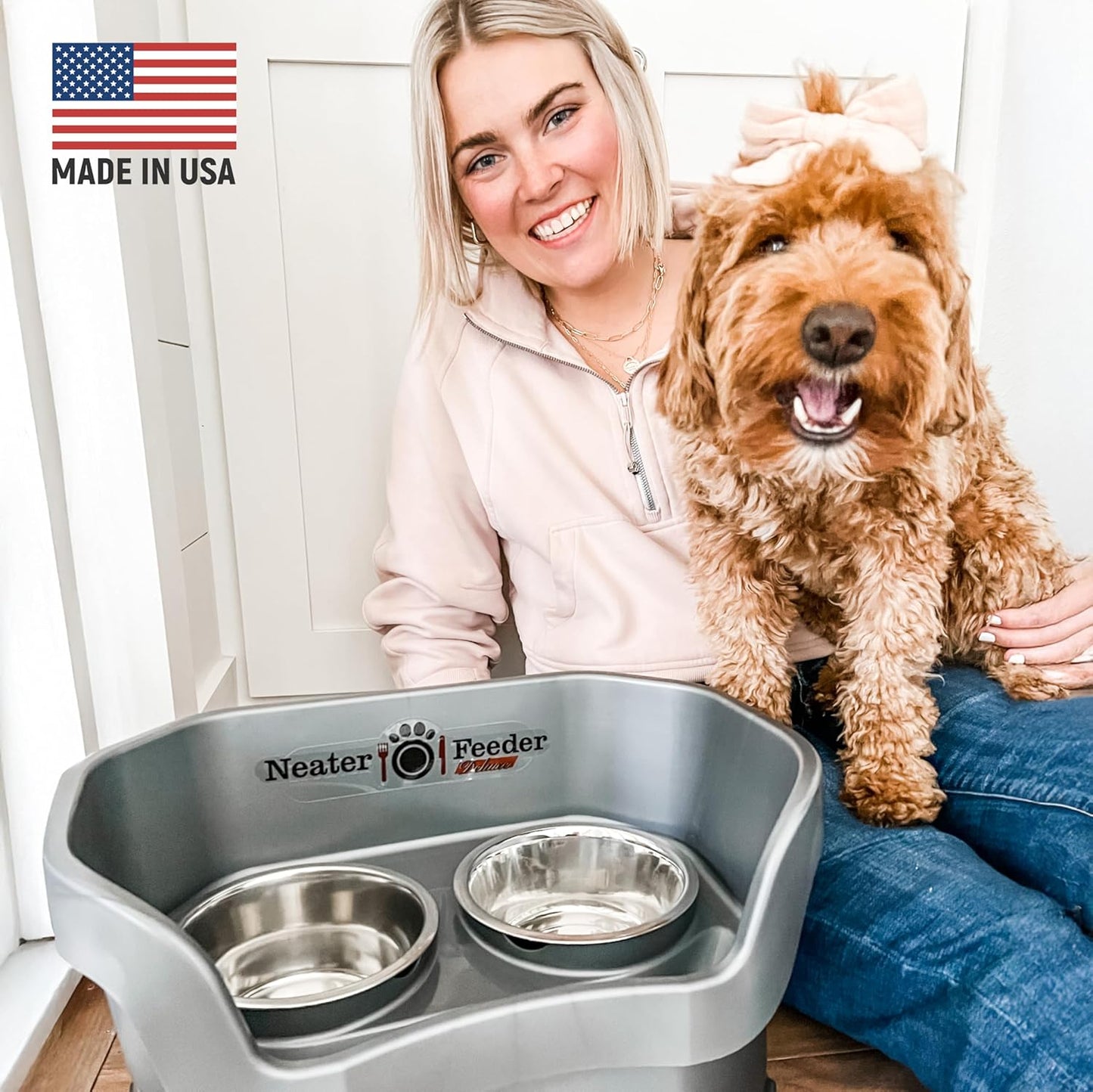 Neater Pet Brands Neater Feeder Deluxe Mess Proof Dog Bowls Elevated for Medium Dogs 19-40 Lbs, Made in USA, No Spill Raised Dog Food Bowl Stand Feeding Station, Food and Water Bowl Set, Grey
