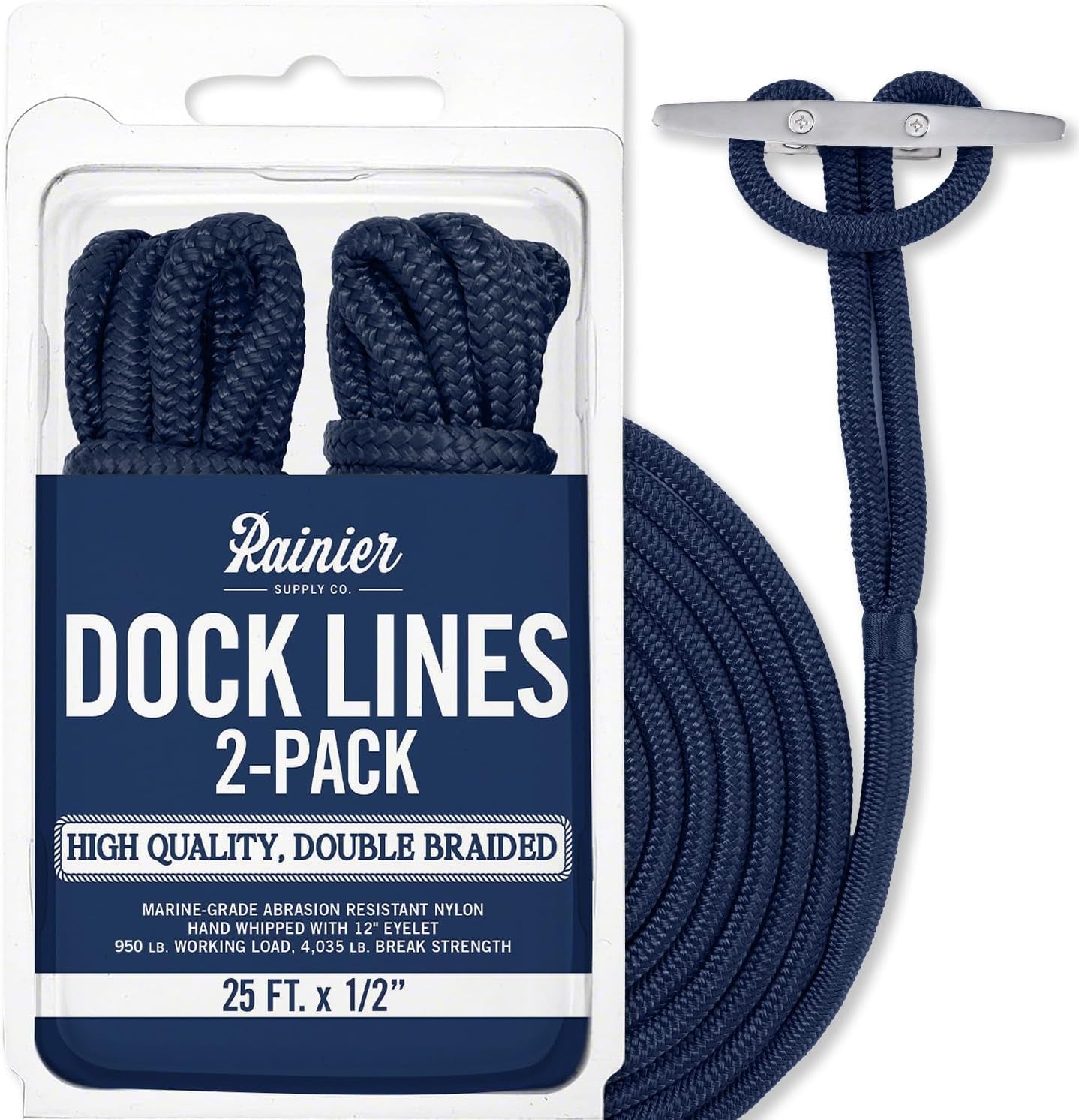 Rainiersupplyco Dock Lines - Boat Rope for Docking with Loop - 30 Ft X 3/4 Inch Premium Double Braided Nylon Marine Rope - Mooring Line with 18" Eyelet - Boat Accessories - Navy Blue