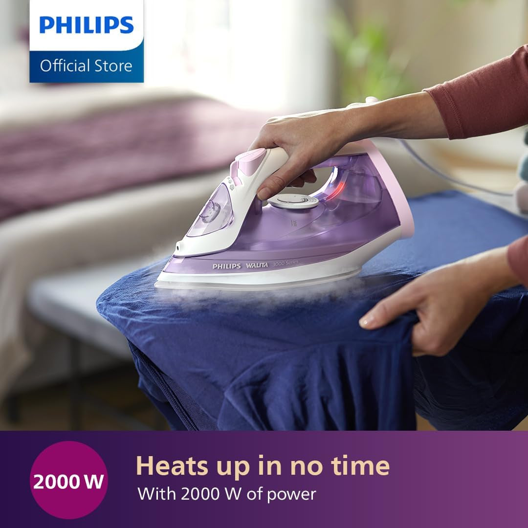 Perfect Care 3000 Series Steam Iron, 2000 W Power, 30 G/Min Continuous Steam, 140 G Steam Boost, 300 Ml Water Tank, Ceramic Soleplate, Purple (DST3010/39)