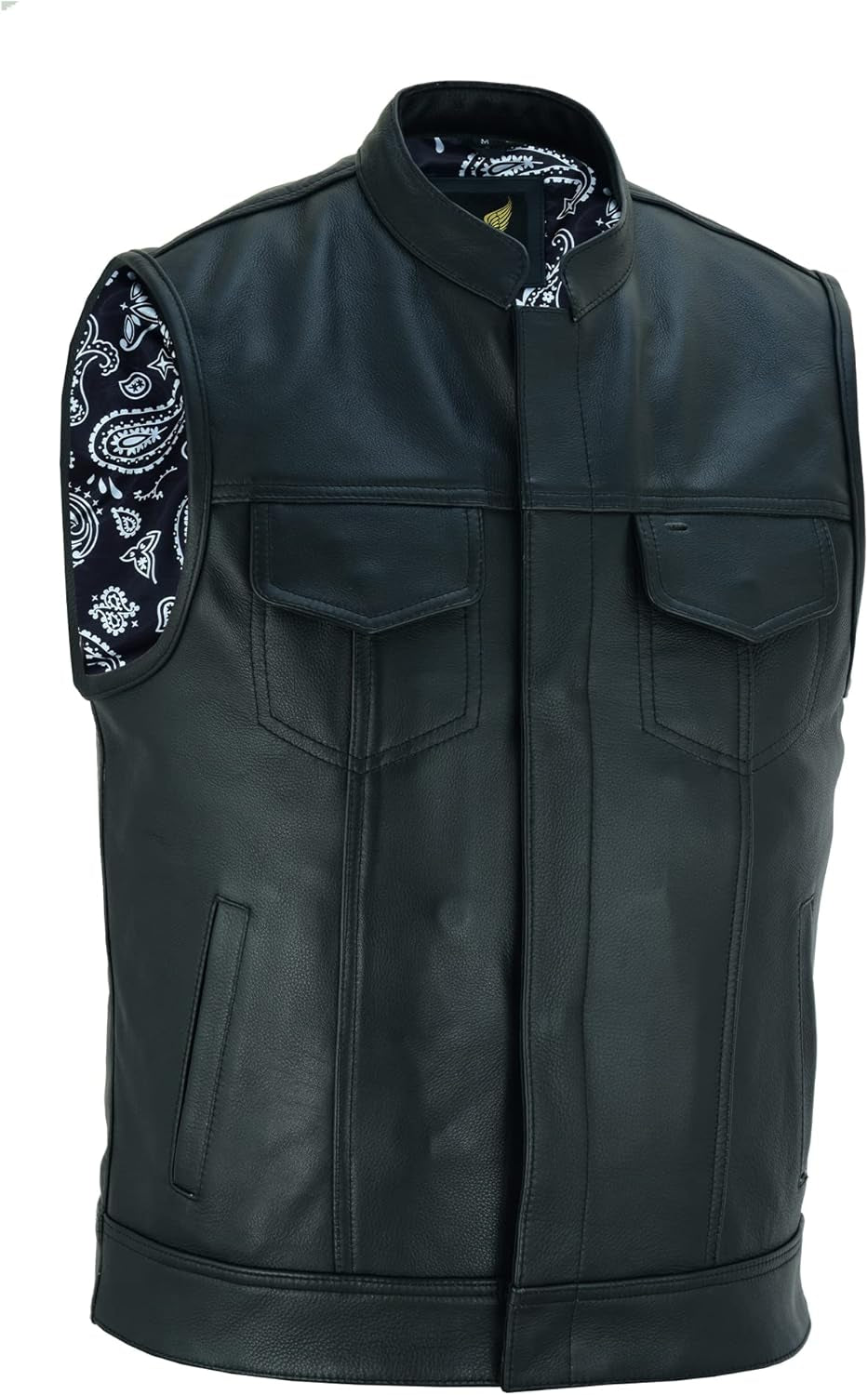 Leatherick Mens Black Motorcycle Vests - SOA Club & Traditional Paisley Satin Liner Leather Biker Vests