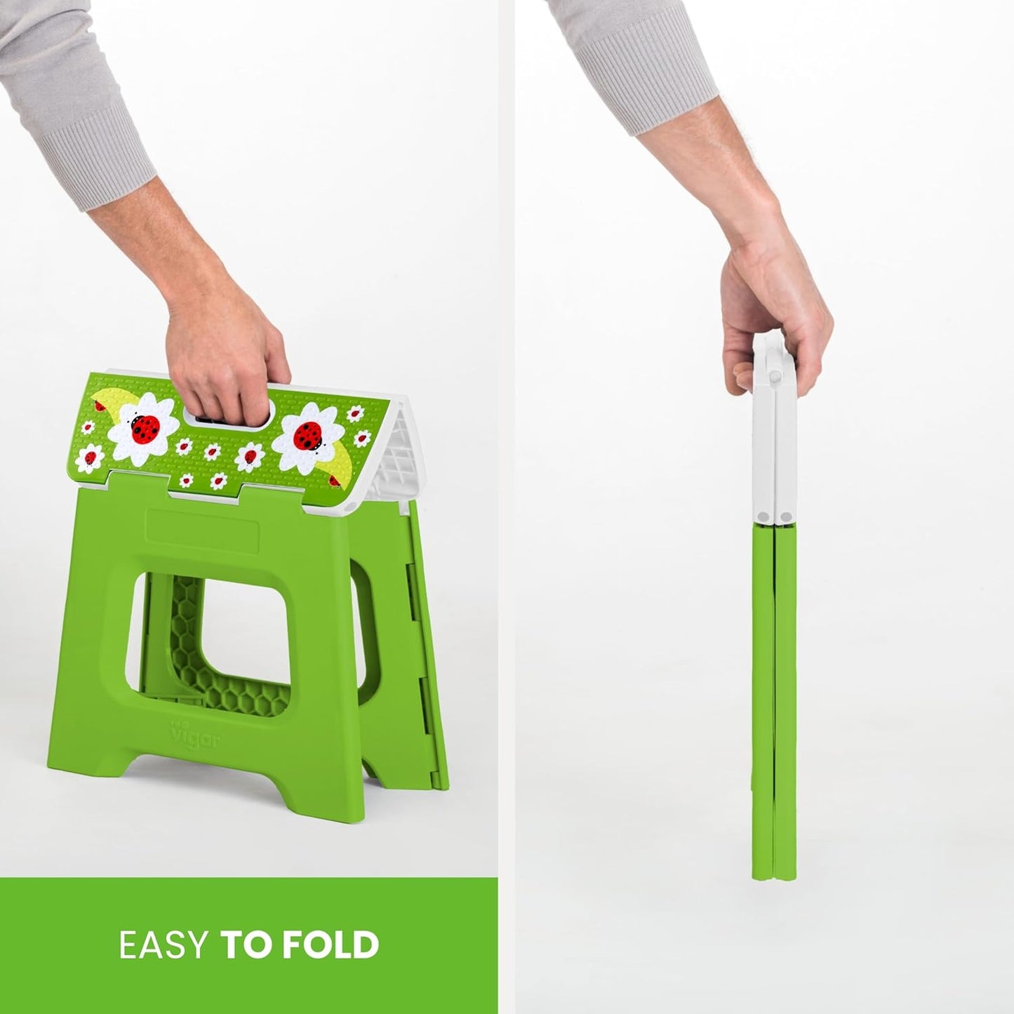 Vigar Compact Foldable Step Stool - Lightweight, Non-Slip Design for Adults up to 330 lbs - Cute Ladybug Top!