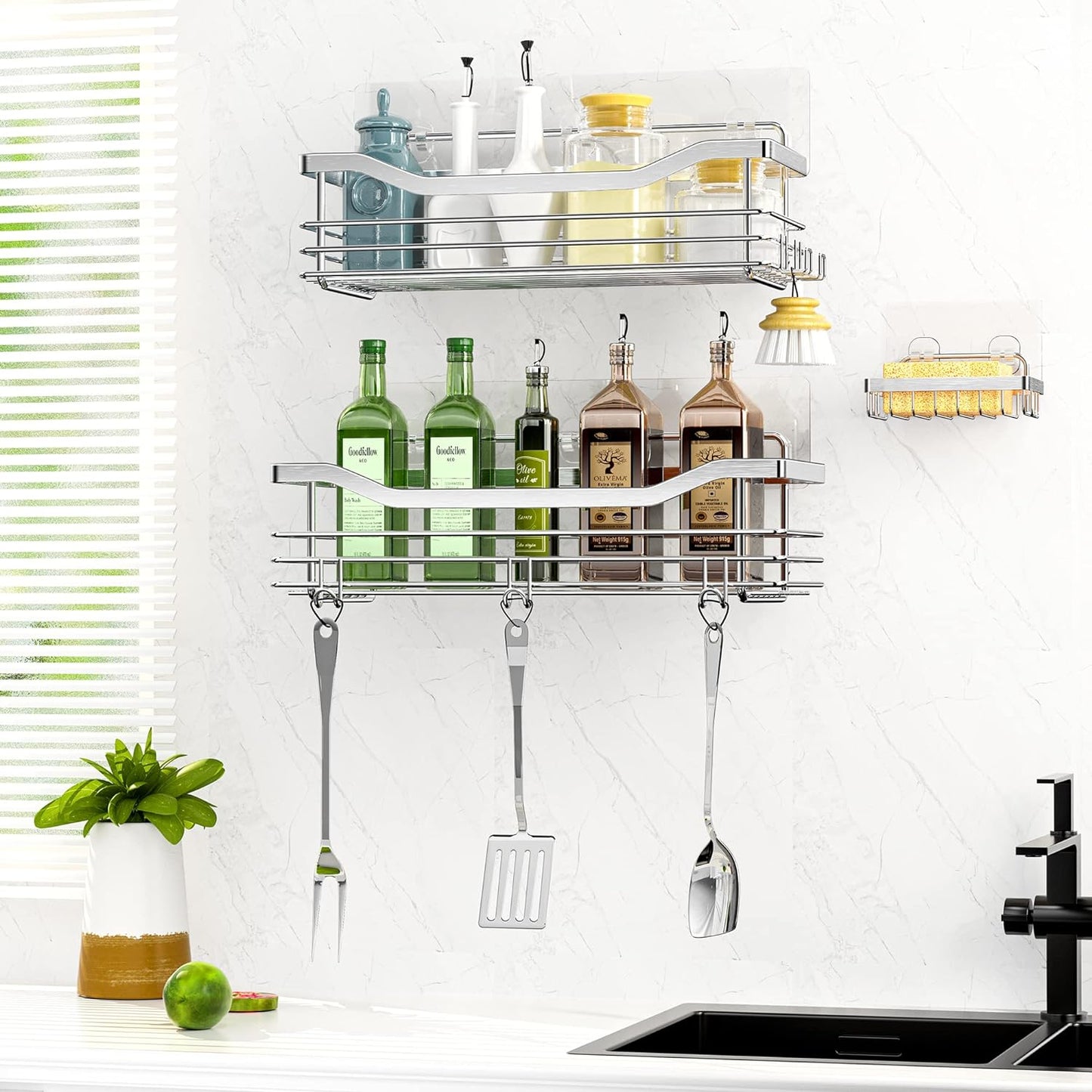 Orimade 3-Pack Wall-Mounted Shower Caddy with 5 Hooks - Rustproof SUS304 Stainless Steel Bathroom & Kitchen Organizer, No Drilling Needed!