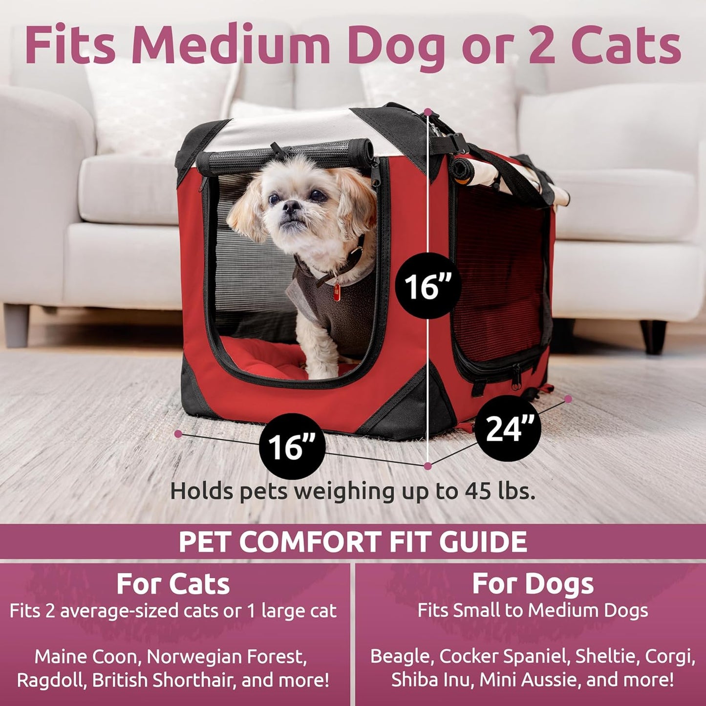 Soft-Sided Cat & Dog Pet Carrier, Large 24"X16"X16", Fits Large Cat, 2 Cats, or Medium Dog Comfortably, Great for Travel & Vet Visits, Privacy Windows, Removable Bed, Locking Zippers, Folds Flat