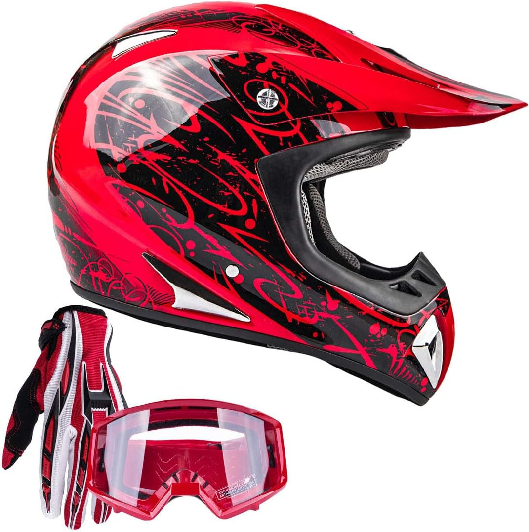Typhoon Helmets Typhoon ATV Motorcycle Helmet with Goggles & Gloves - DOT Certified Off-Road Racing Protection Gear Set for Adults/Teens - Durable MX Combo Pack