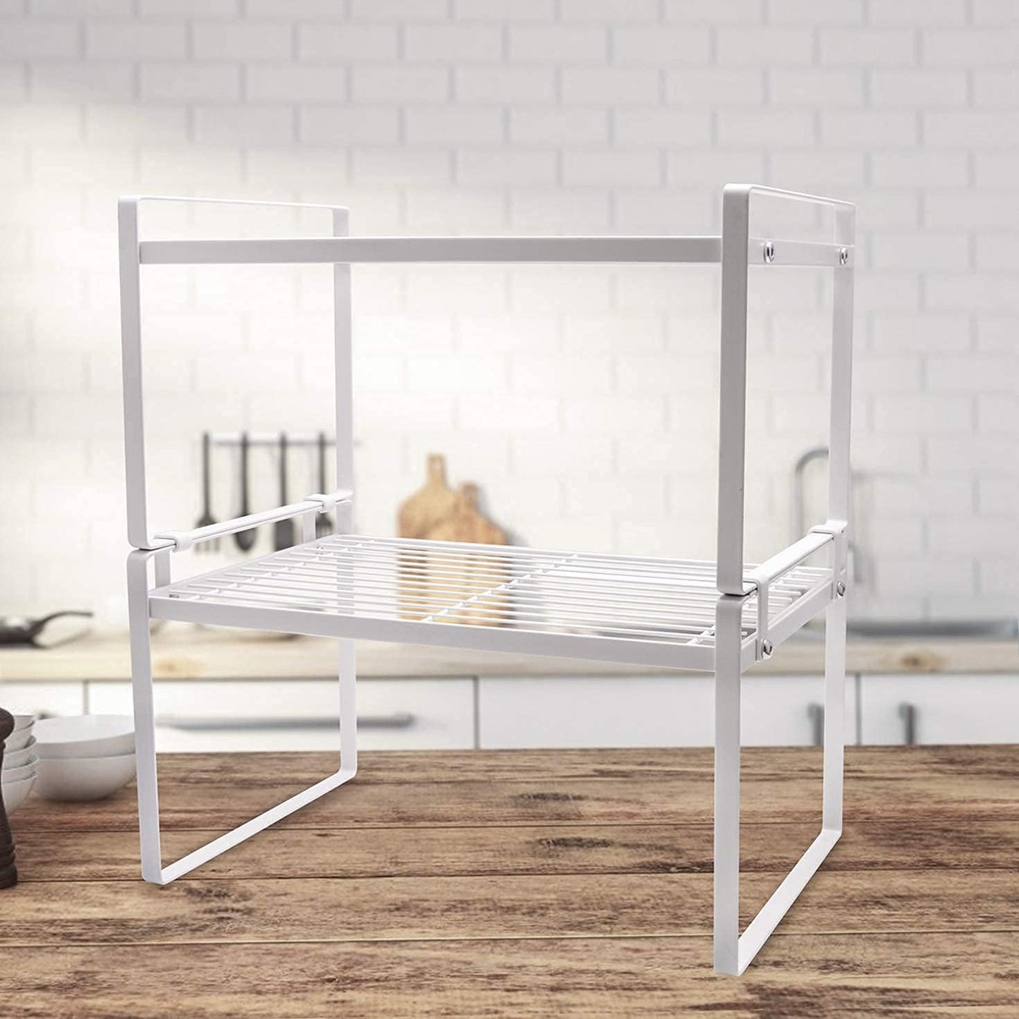 2-Pack Stackable Steel Frame Shelf Organizer - Space-Saving Storage Solution for Kitchen, Bathroom, Office & More - Rust Resistant & Non-Slip White Design