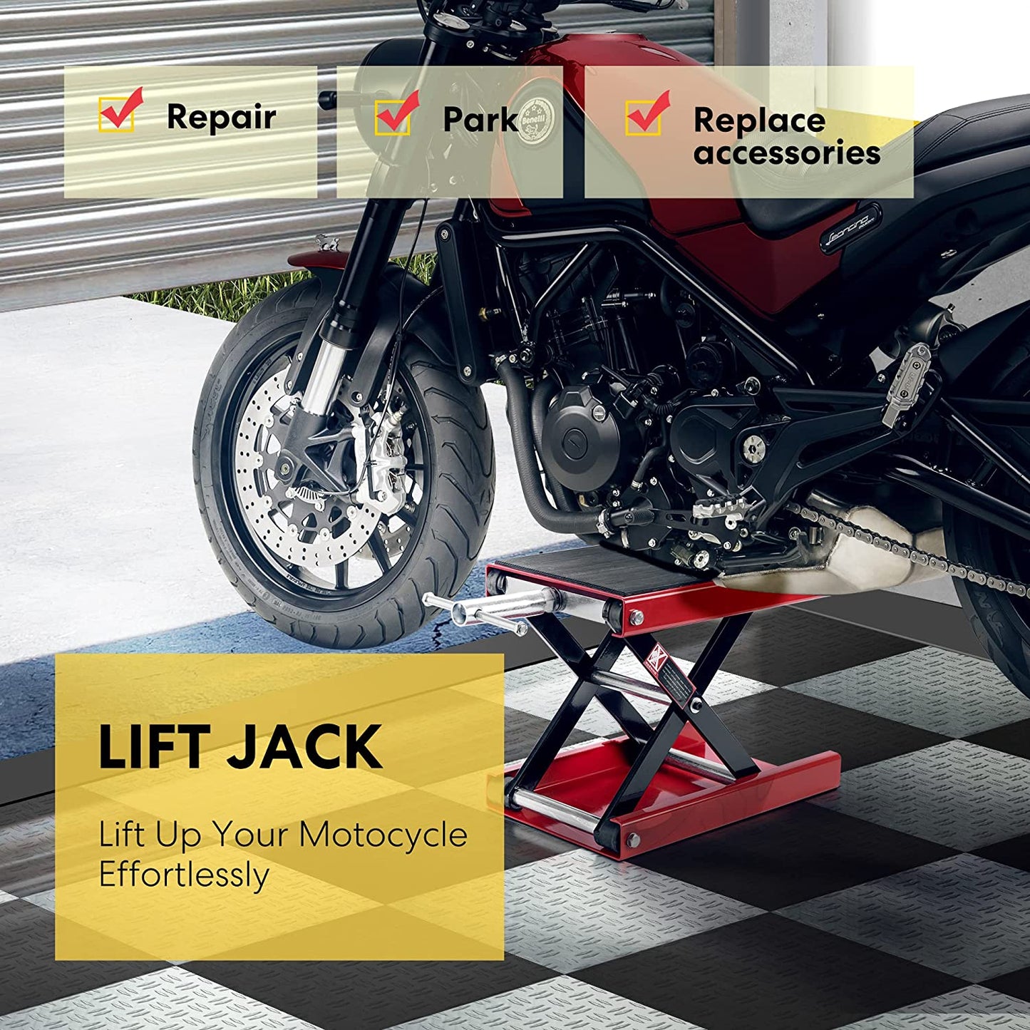 VIVOHOME Motorcycle Lift Scissor Jack Steel Wide Deck Hoist Crank Center Stand 1100 LBS Capacity for Motorcycles, Atvs, Dirt Bikes Red