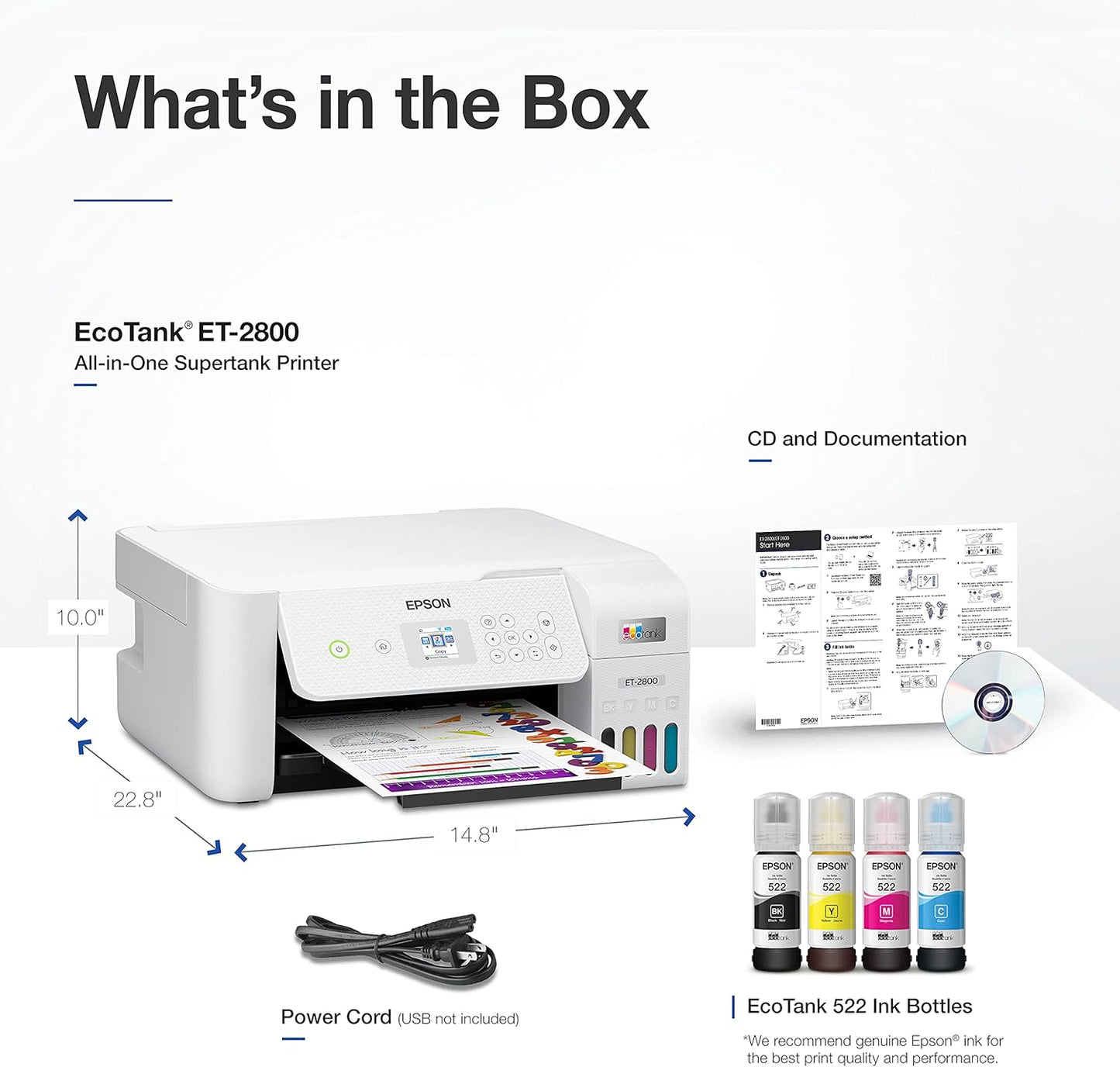 Epson EcoTank ET-2800 Wireless All-In-One Supertank Printer – Cartridge-Free, Scan & Copy, Perfect for Home Use - White