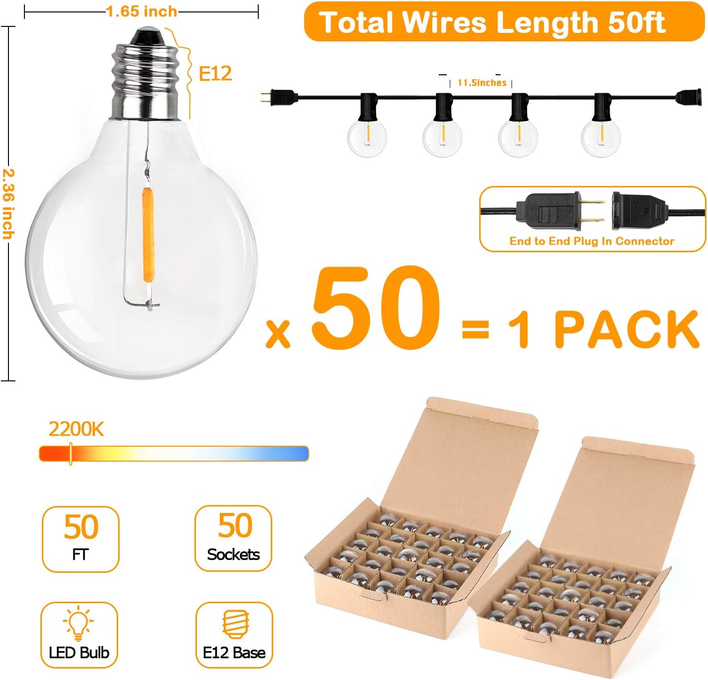 50FT Shatterproof LED G40 Globe String Lights - 50 Dimmable Edison Bulbs for Outdoor Patio, Balcony, Party, Wedding & Cafe - Waterproof Bistro Lighting