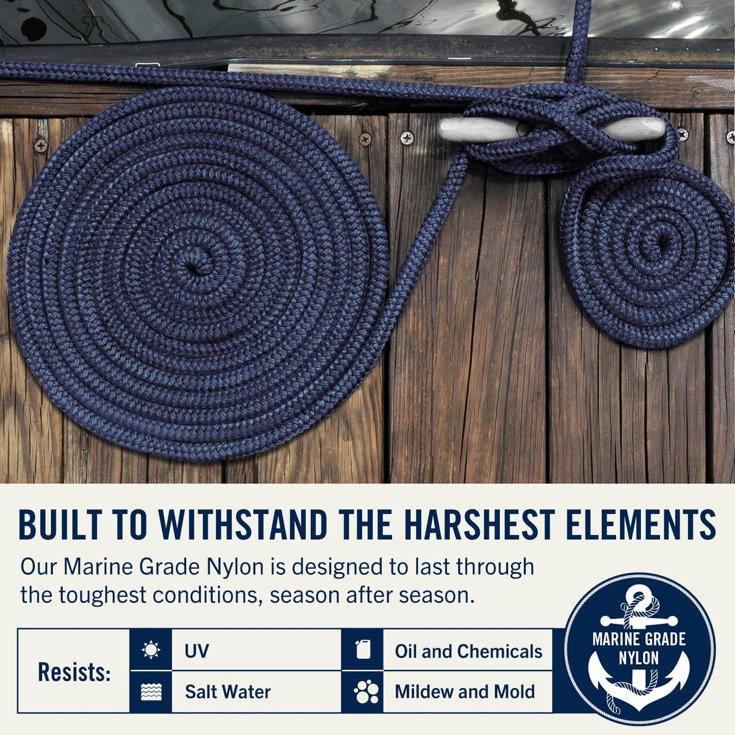 Rainiersupplyco Dock Lines - Boat Rope for Docking with Loop - 30 Ft X 3/4 Inch Premium Double Braided Nylon Marine Rope - Mooring Line with 18" Eyelet - Boat Accessories - Navy Blue
