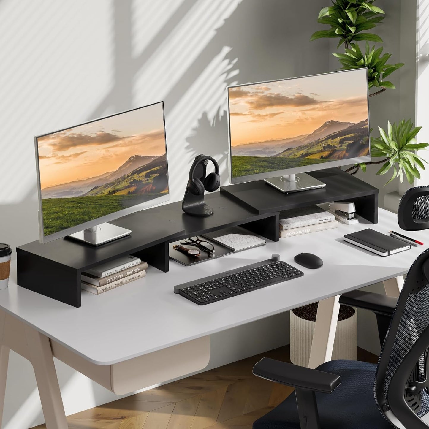 FITUEYES Dual Monitor Stand - Adjustable 3-Shelf Wood Riser for Optimal Desk Organization, Stylish Black Design