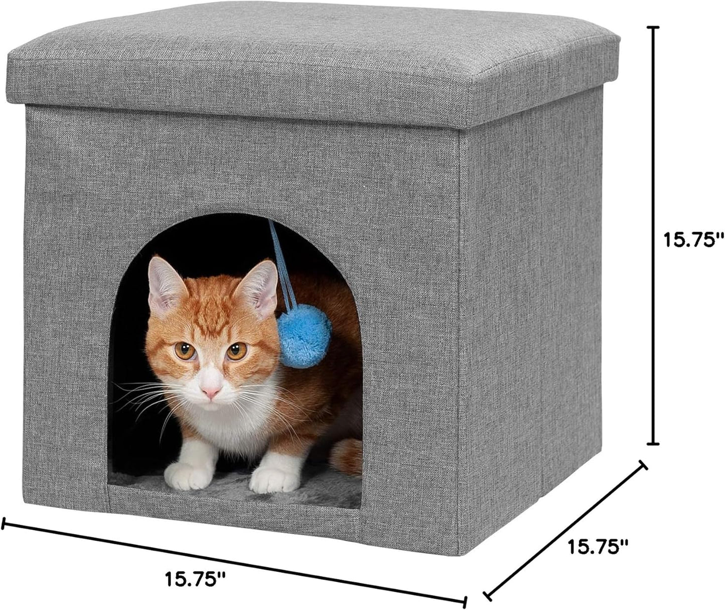Furhaven Pet House for Indoor Cats & Small Dogs, Collapsible & Foldable W/ Plush Ball Toy - Living Room Footstool Cat Condo - Stormy Gray, Small