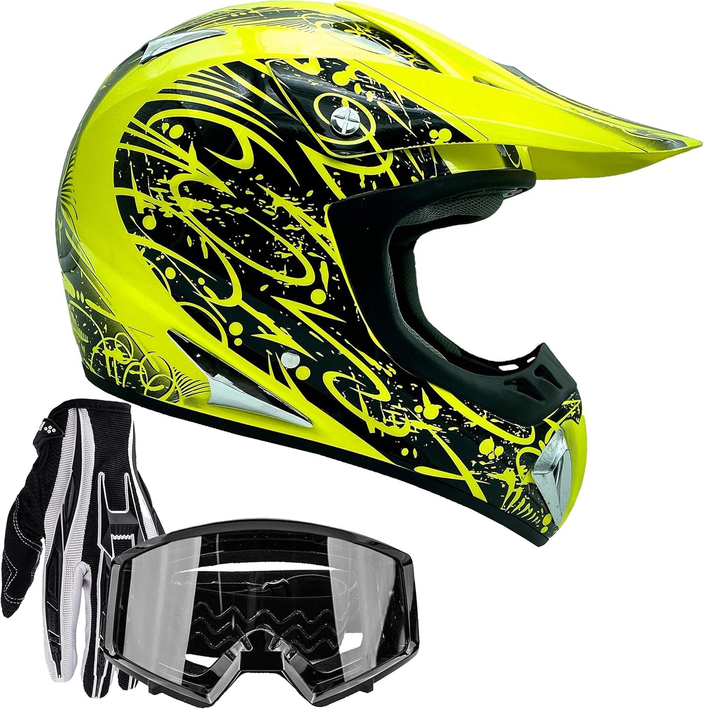 Typhoon Helmets Typhoon ATV Motorcycle Helmet with Goggles & Gloves - DOT Certified Off-Road Racing Protection Gear Set for Adults/Teens - Durable MX Combo Pack