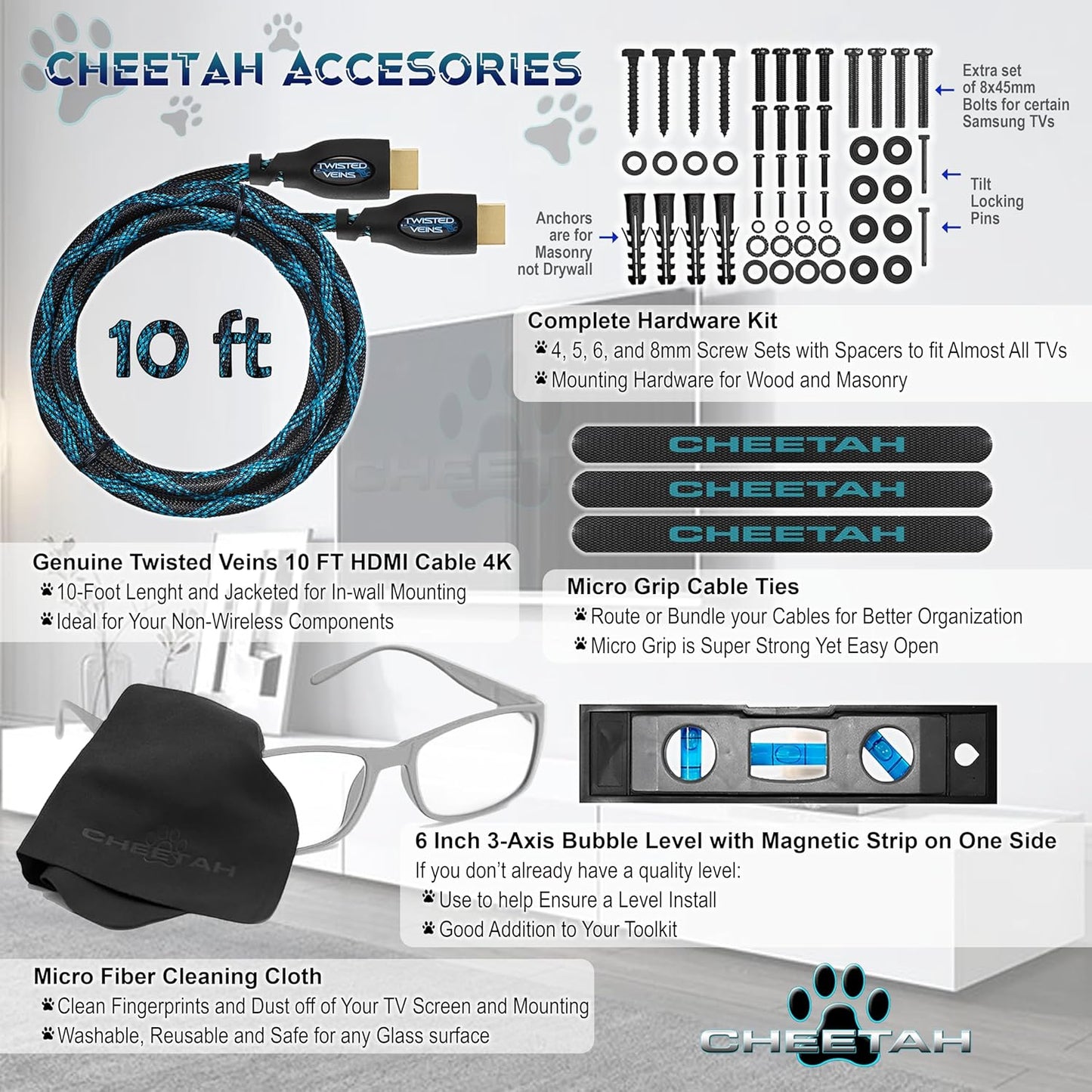 Cheetah Ultra Slim Tilt TV Mount for 32-86 Inch TVs, Supports 165Lbs, Includes 10Ft HDMI Cable, Fits 16-24" Studs, Adjustable 15° Tilt, Max VESA 600x400mm