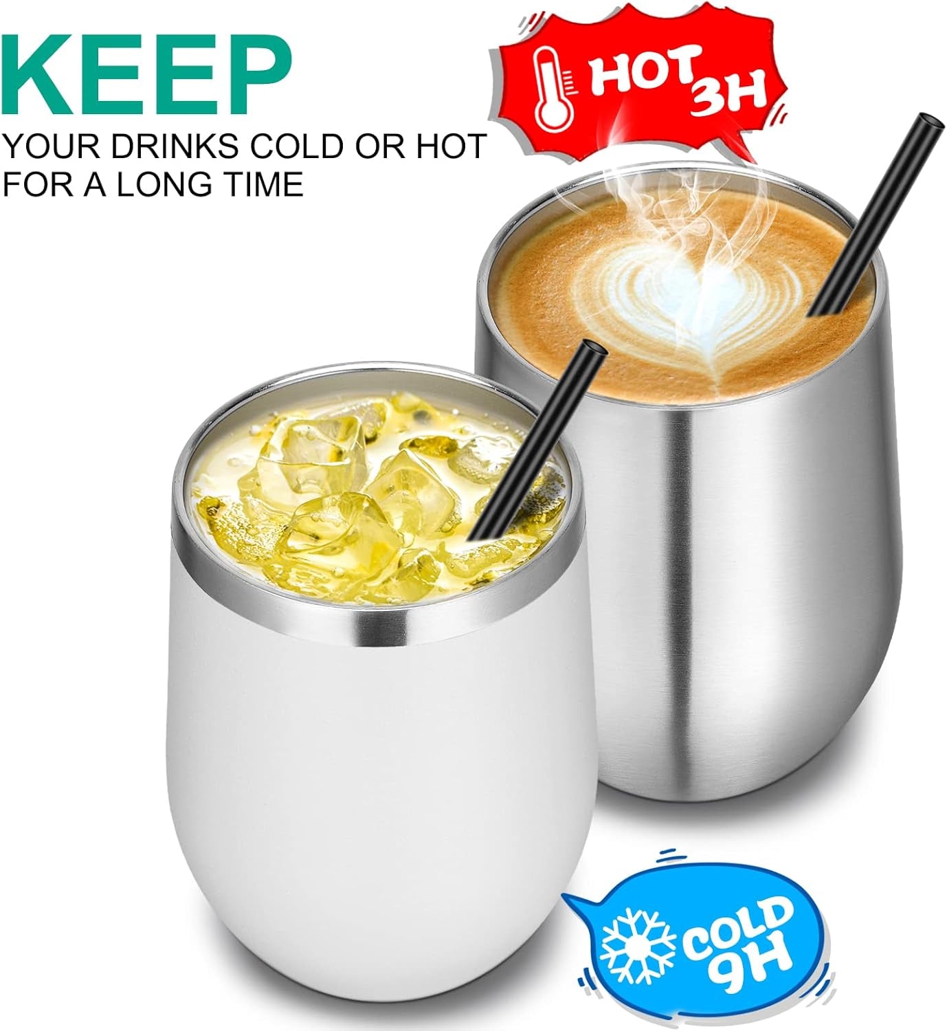VEGOND 12-Pack Stainless Steel Wine Tumblers - 12oz Double Wall Insulated Cups with Lids & Straws for Hot & Cold Drinks