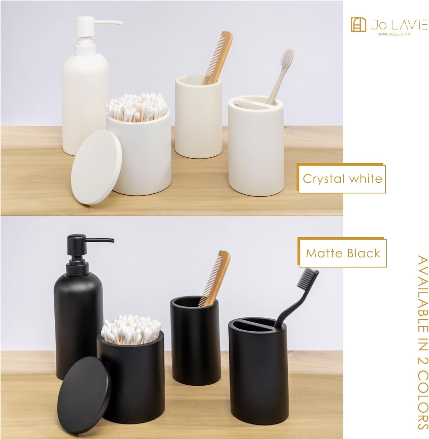 Sleek Matte Black 4-Piece Bathroom Accessory Set - Toothbrush Holder, Soap Dispenser, Tumbler & Cotton Swab Jar for Stylish Vanity Organization