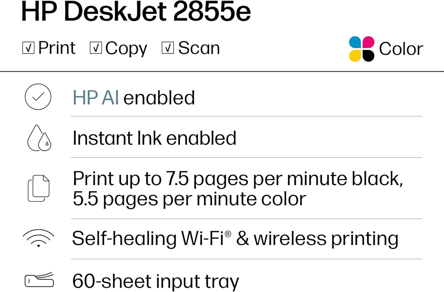 HP Deskjet 2855E Wireless All-In-One Printer with Scanner and Copier - Ideal for Home Use, Includes 3-Month Instant Ink Trial, AI-Enabled Technology