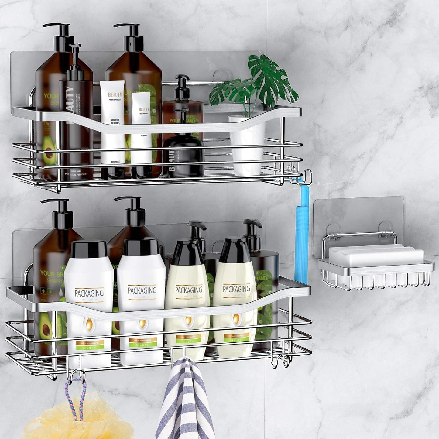Orimade 3-Pack Wall-Mounted Shower Caddy with 5 Hooks - Rustproof SUS304 Stainless Steel Bathroom & Kitchen Organizer, No Drilling Needed!