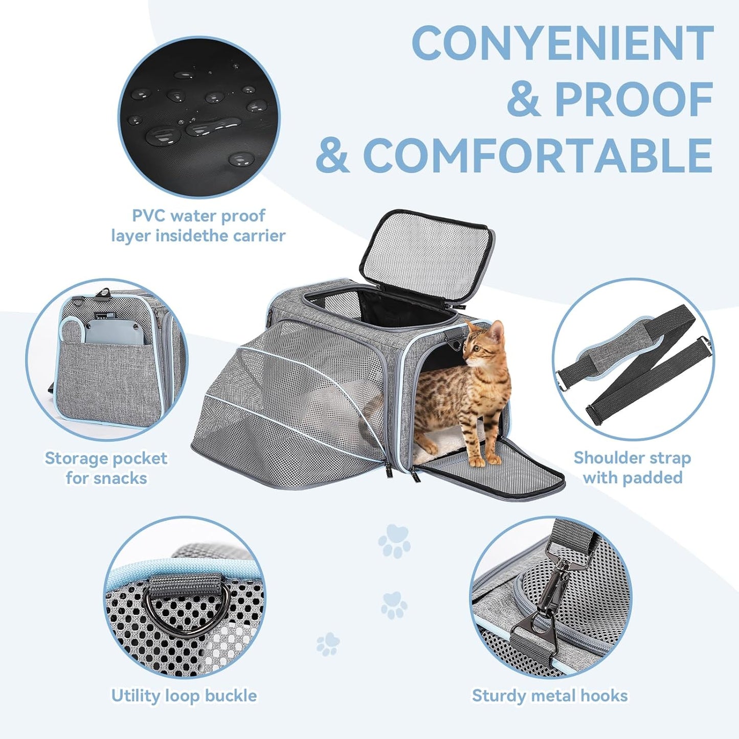 Petsfit Expandable Small Cat Carriers Dog Carrier, Airline Approved Soft-Sided Portable Washable Pet Travel Carrier with Two Extension up to 9LB