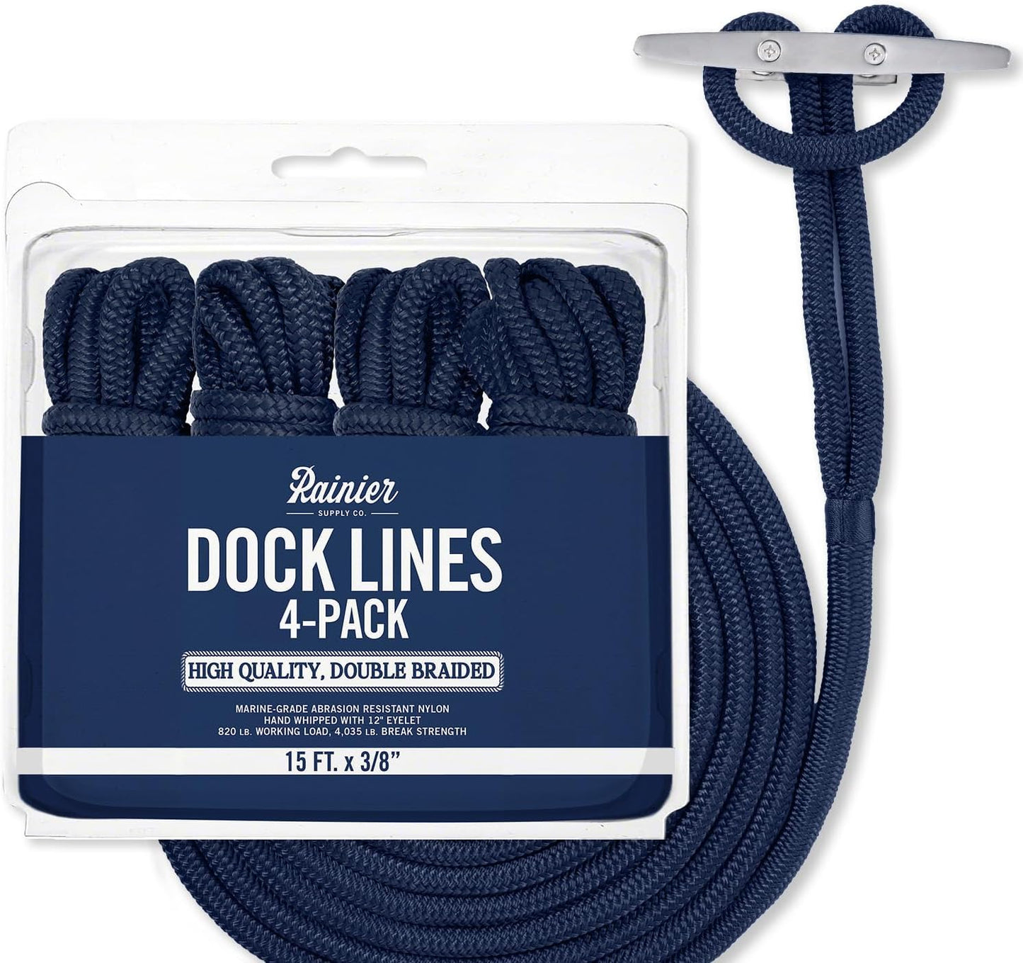 Rainiersupplyco Dock Lines - Boat Rope for Docking with Loop - 30 Ft X 3/4 Inch Premium Double Braided Nylon Marine Rope - Mooring Line with 18" Eyelet - Boat Accessories - Navy Blue