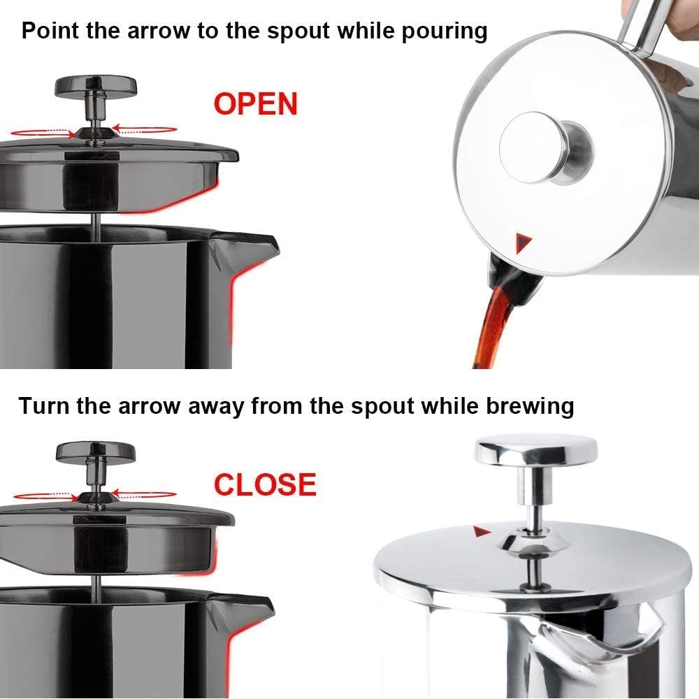Secura 34Oz French Press Coffee Maker - Premium 304 Stainless Steel Insulated Coffee Press with 2 Extra Screens - Sleek Silver Design